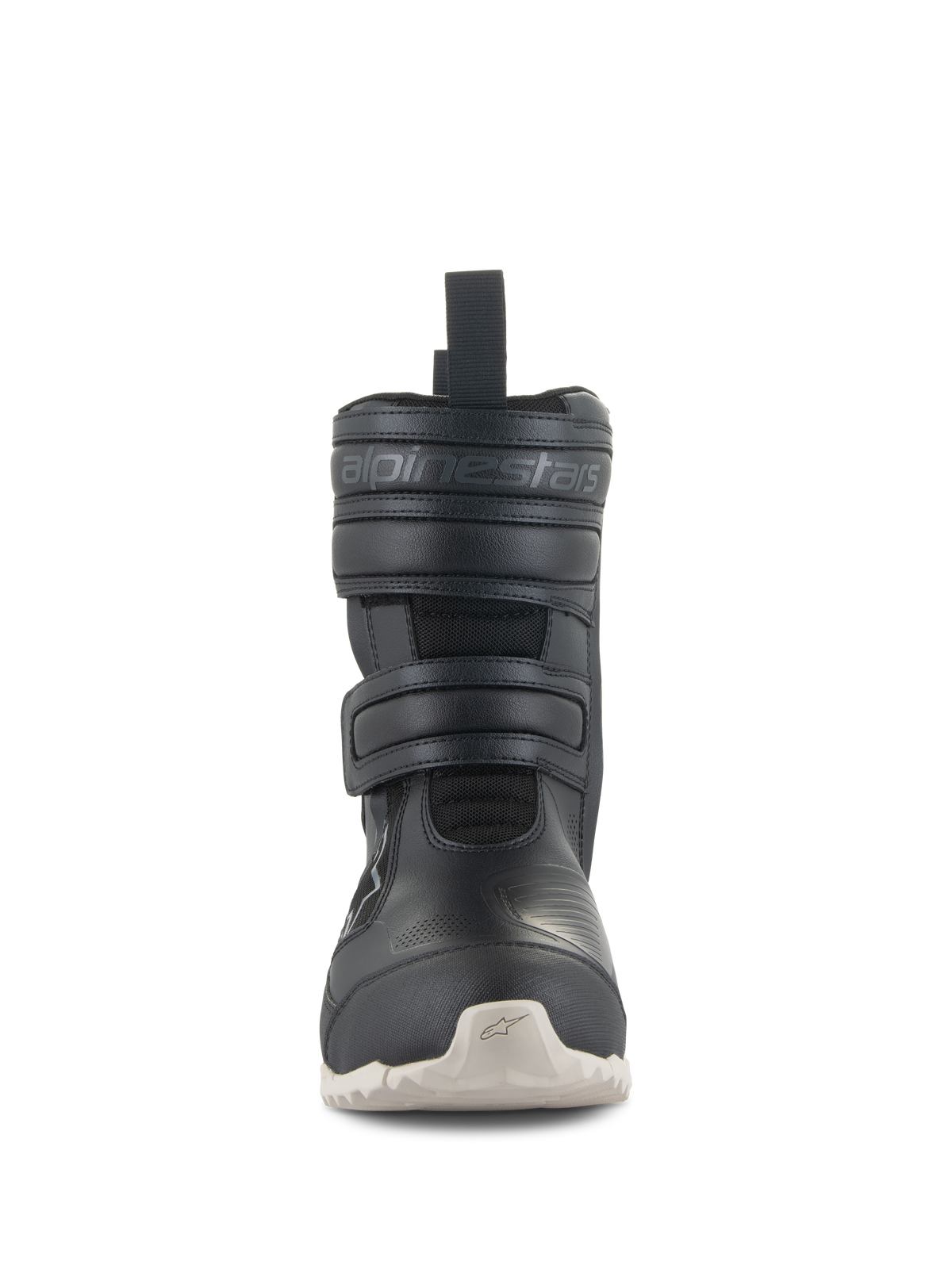 Alpinestars Stella RT-7 Touring Drystar® Boots, Women's Motorcycle Touring Boots, Black, front-facing view featuring double Velcro strap closures, embossed Alpinestars branding, technical microfiber upper, and light-colored lugged outsole