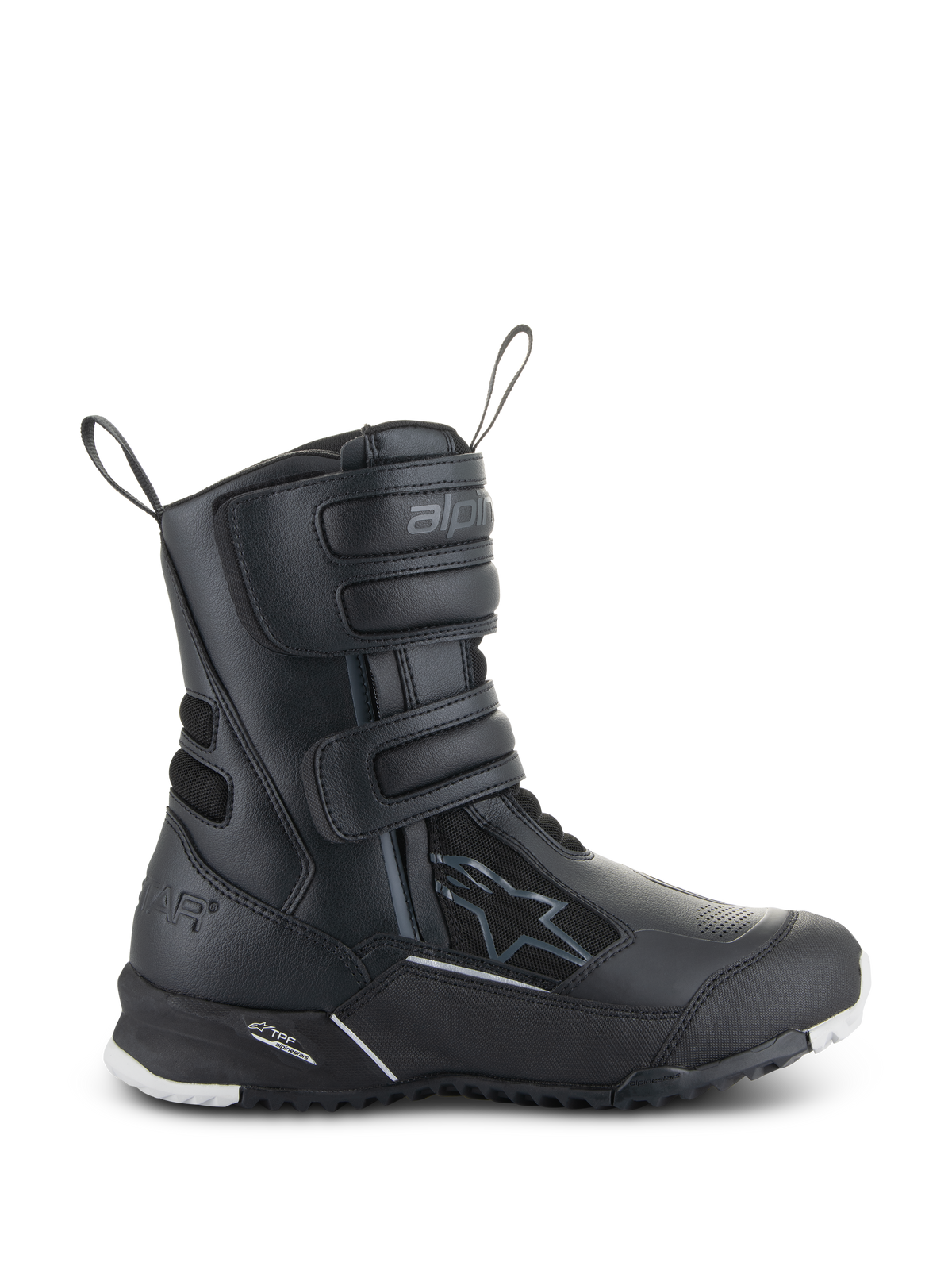 Alpinestars Women's Stella RT-7 Touring Drystar Boots, Black Motorcycle Touring Boots, side view showing triple velcro straps, waterproof microfiber and textile upper, reinforced heel with star logo, and durable lugged sole with white accents