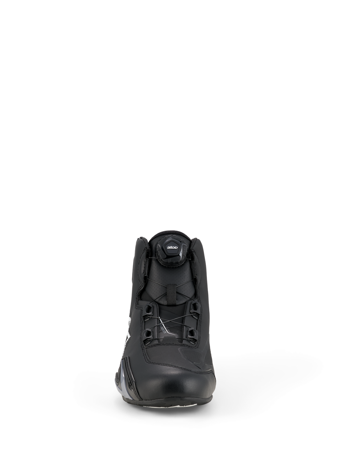 Alpinestars Celer Shoes, Motorcycle Riding Shoes, Black and White, front view showing the innovative Rotor Closure System dial, technical microfiber construction, sleek sport performance design