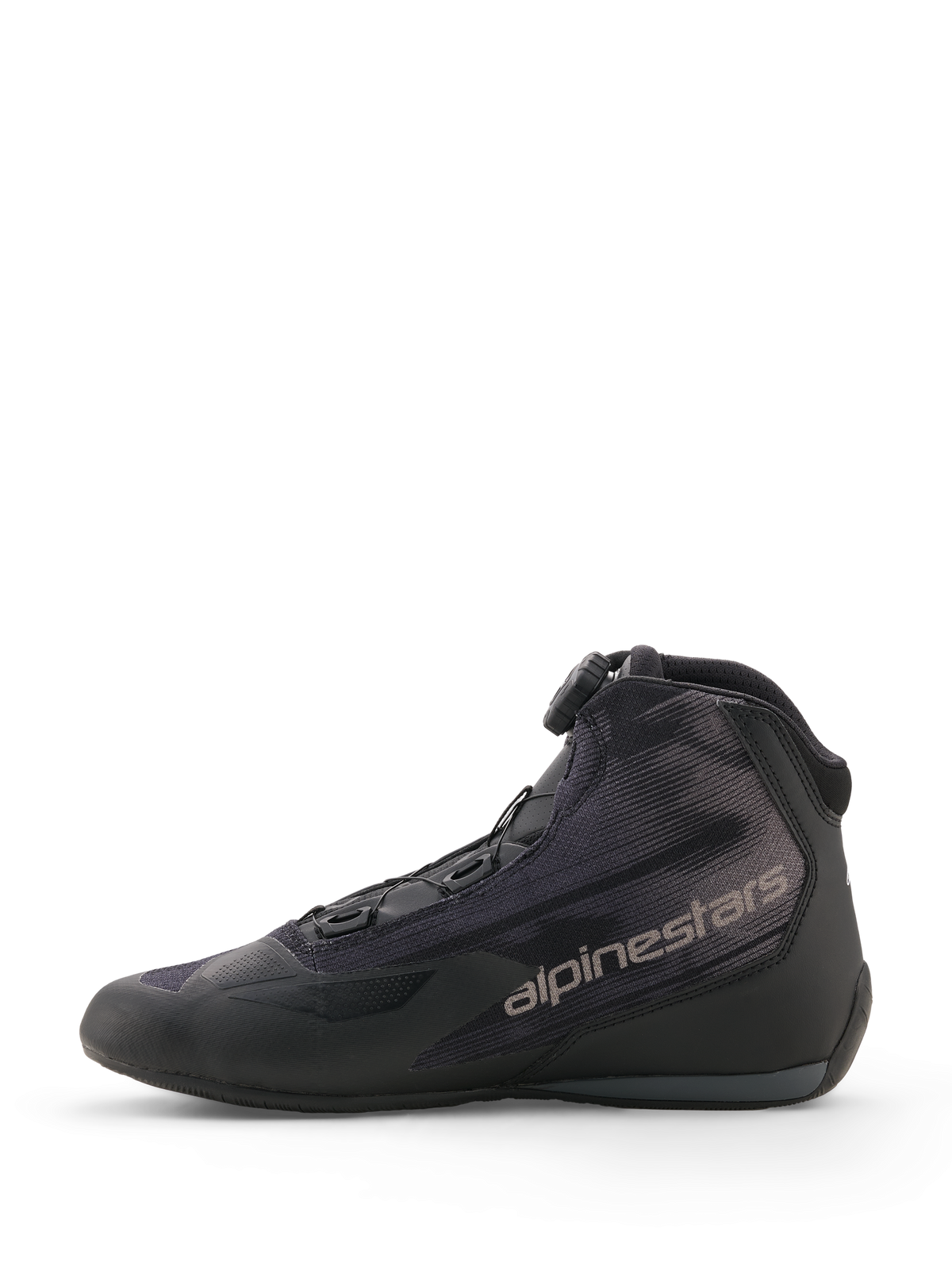 Alpinestars Celer Superair Shoes, Black and Dark Gray, sport riding motorcycle shoes, side profile view featuring high-airflow textile upper, Rotor Closure System dial, and gray Alpinestars branding on the side.
