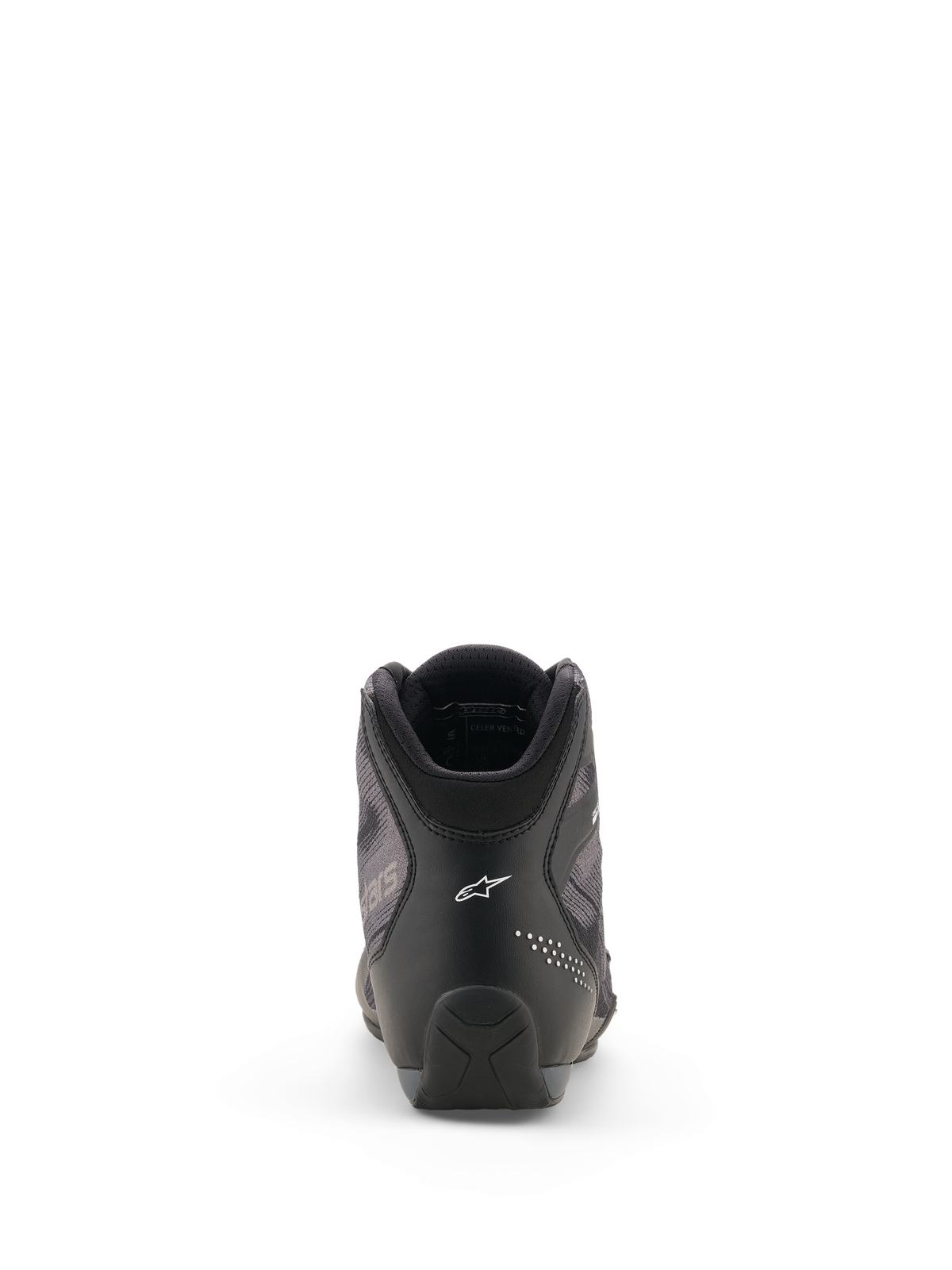 Alpinestars Celer Superair Shoes, Motorcycle Riding Shoes, Black and Dark Gray, rear view featuring the white Alpinestars logo on the heel, technical microfiber and airflow textile construction, sleek sport-riding design