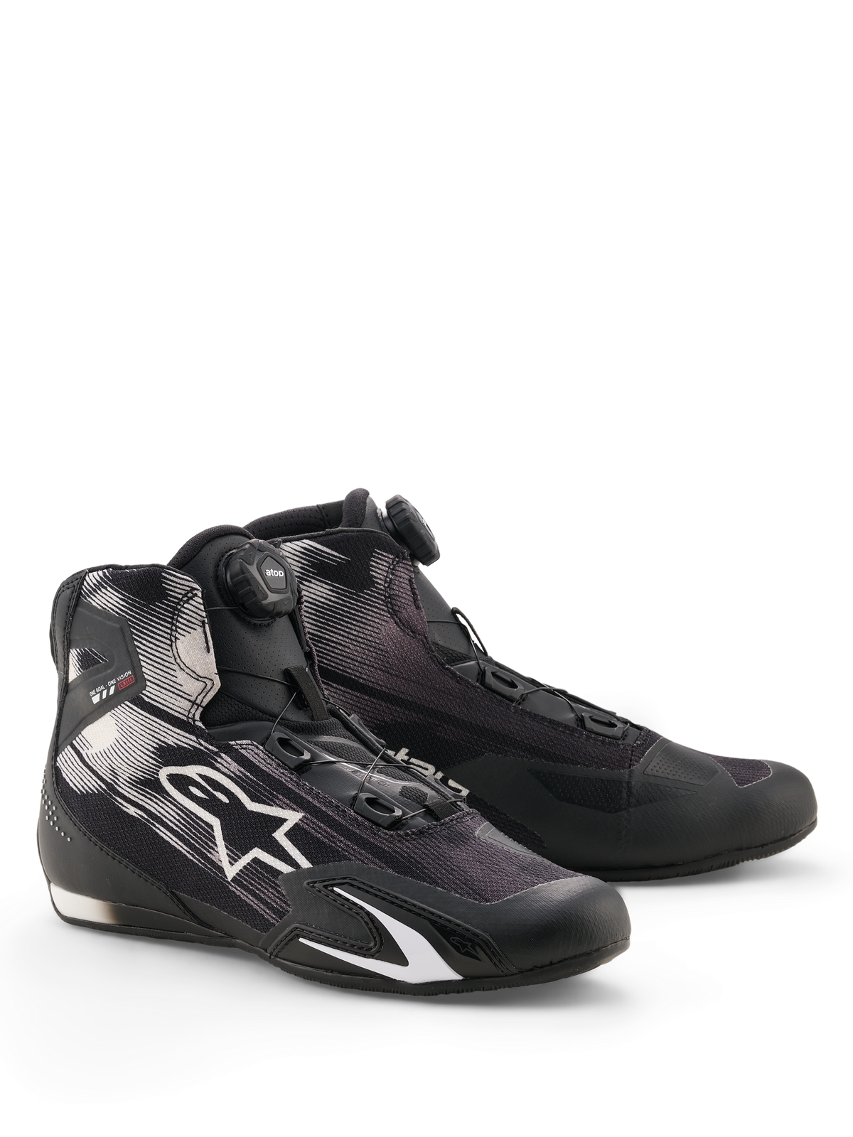 Alpinestars Celer Superair Shoes, Motorcycle Riding Shoes, Black and White, featuring a dial-operated Rotor Closure System on the tongue, white star logo on a breathable textile upper, and a sporty low-profile design.