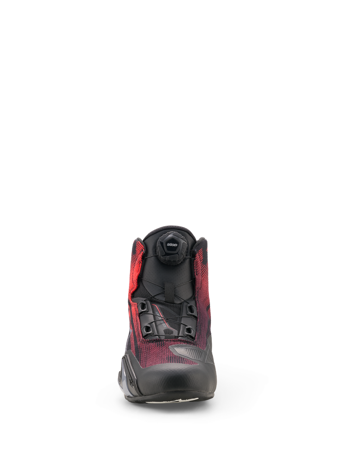 Alpinestars Celer Superair Shoes, Motorcycle Riding Shoes, Black and Bright Red, front view featuring the Rotor Closure System dial and breathable airflow textile upper with protective reinforcements