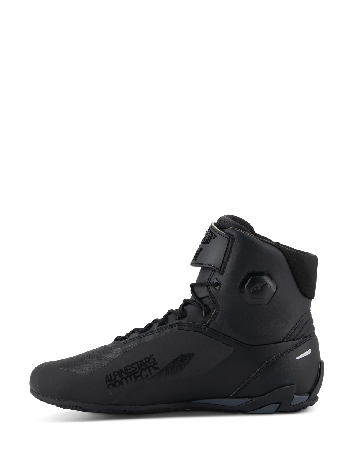 Alpinestars Faster-4 Shoes, Motorcycle Riding Shoes, Black, side profile view, high-top design with lace closure and adjustable top strap, 'Alpinestars Protects' text on lateral side, sleek microfiber upper with integrated protection zones