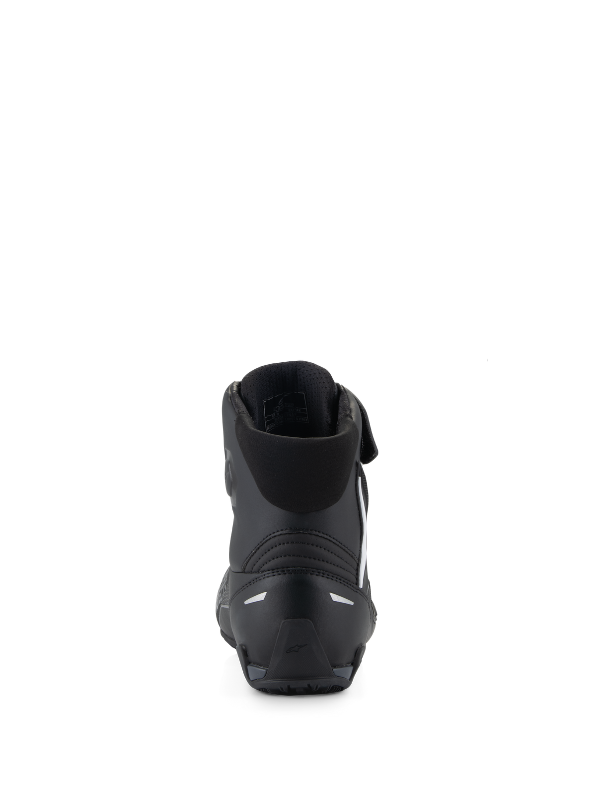 Alpinestars Faster-4 Shoes, Black Motorcycle Riding Shoes, rear view highlighting the TPR heel counter and reflective accents, padded textile collar, performance-driven design for sport road riding.