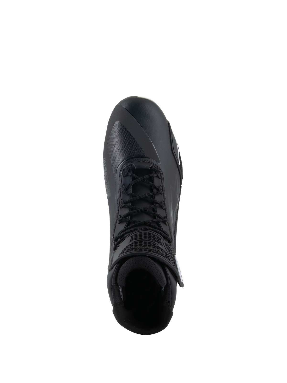 Alpinestars Faster-4 Shoes, Black Motorcycle Riding Shoes, top-down view, featuring traditional lace closure, seamless microfiber upper, and padded ankle collar.