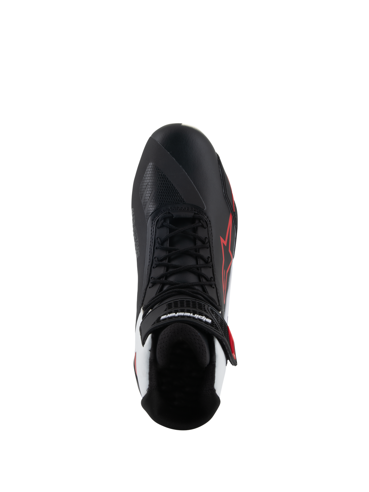 Alpinestars Faster-4 Shoes, Motorcycle Riding Shoes, Black White Red, top-down view featuring black laces and velcro ankle strap, red Alpinestars star logo on lateral side, white accents at the heel, asymmetric toe design for shifting.