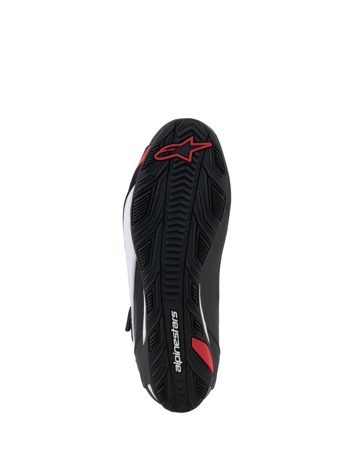 Alpinestars Faster-4 Shoes, Motorcycle Riding Shoes, Bottom Sole View, Black rubber with textured grip pattern, featuring red Alpinestars logo and white branding, designed for road and sport riding