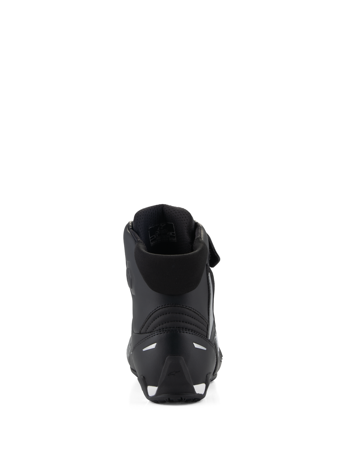 Alpinestars Stella Faster-4 Shoes, Women's Motorcycle Riding Shoes, Black, rear view showing the padded collar, reinforced TPR heel counter, and reflective accents, sleek performance design for road riding