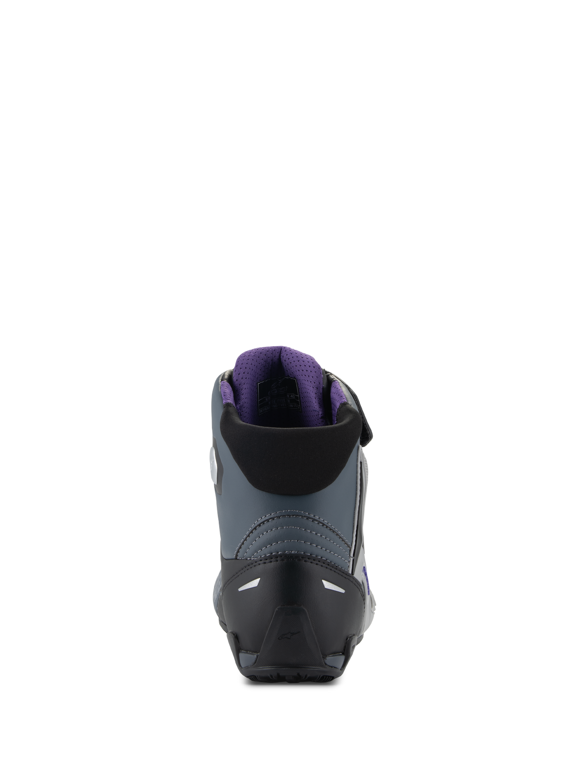 Alpinestars Stella Faster-4 Women's Motorcycle Riding Shoes, Black and Gray, rear view showing heel counter and violet lining.