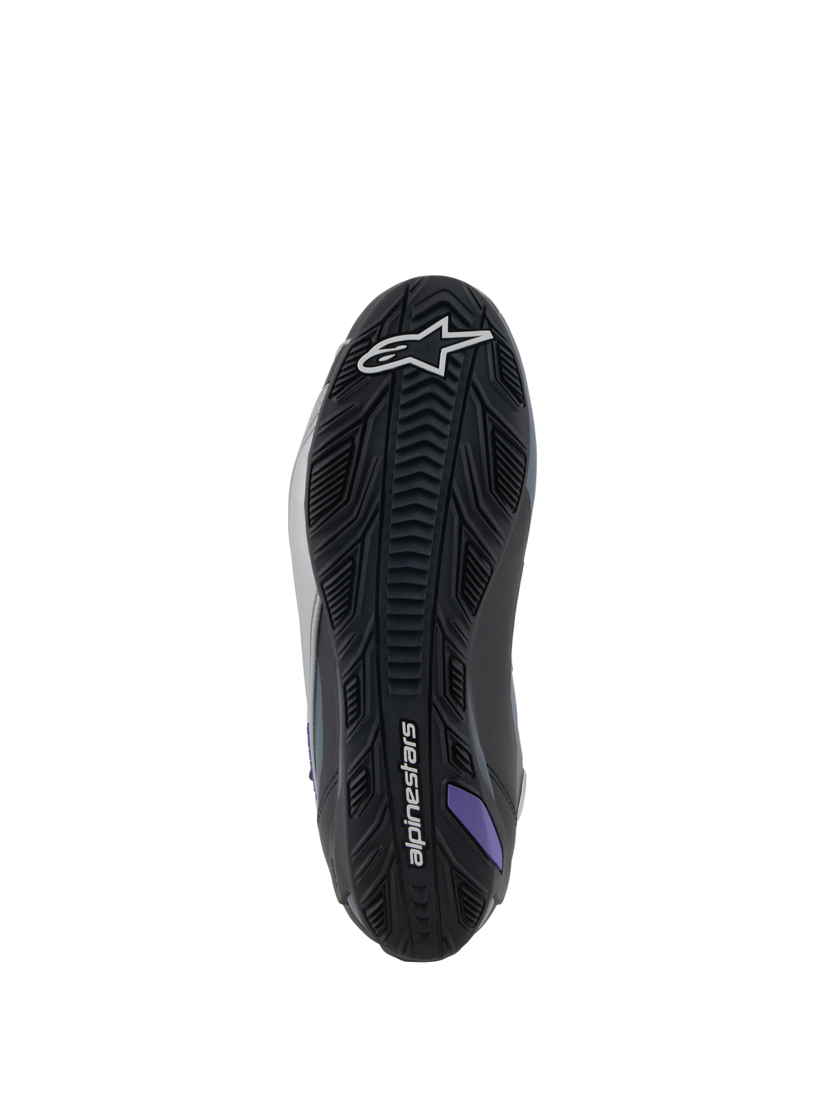 Alpinestars Stella Faster-4 Women's Motorcycle Riding Shoes, sole view, Black, Gray, and Violet, textured rubber grip.