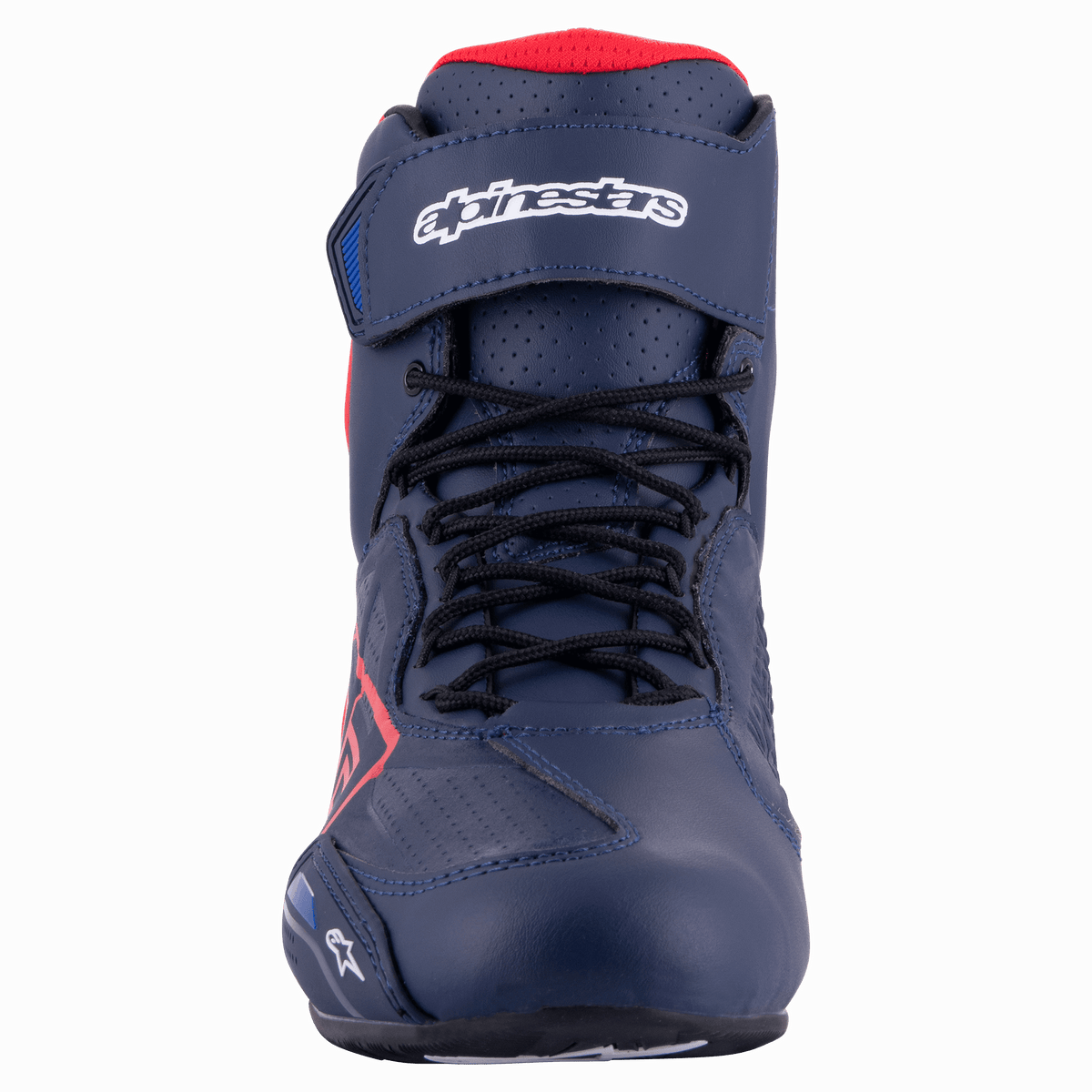 Alpinestars Austin Riding Shoe, Front View, Night Navy and Bright Red, featuring black laces, a velcro ankle strap with white logo, and perforated microfiber construction.