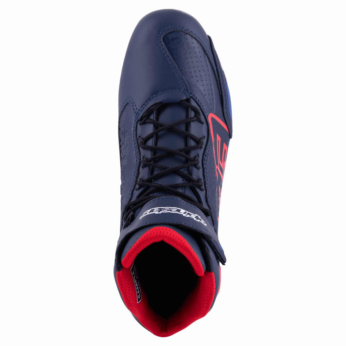 Alpinestars Austin Riding Shoe, Night Navy and Bright Red, top-down view showing black laces, red mesh interior lining, and navy blue microfiber chassis with red logo accents