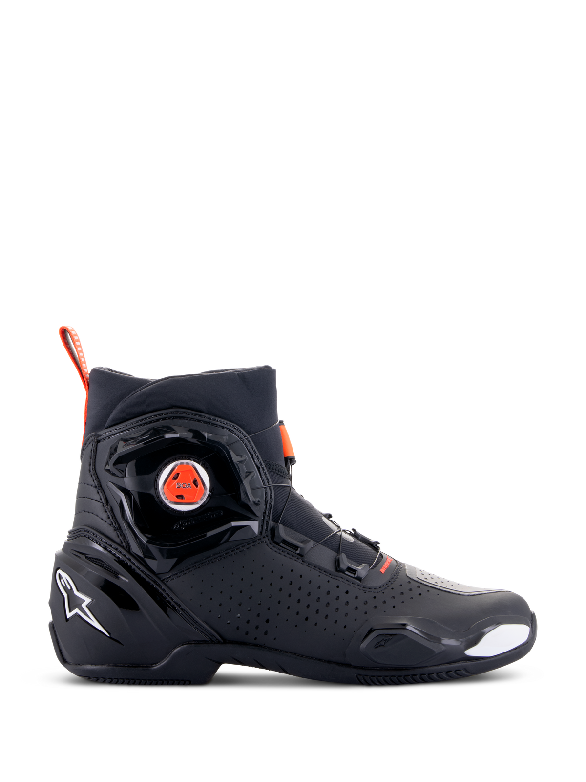 Alpinestars SP-2 Riding Shoes, Sport Motorcycle Footwear, Black with Red Fluo accents, side view featuring BOA speed closure system, perforated microfiber panels for airflow, white Alpinestars logo on the heel, and a sleek modern design with matte and glossy finishes