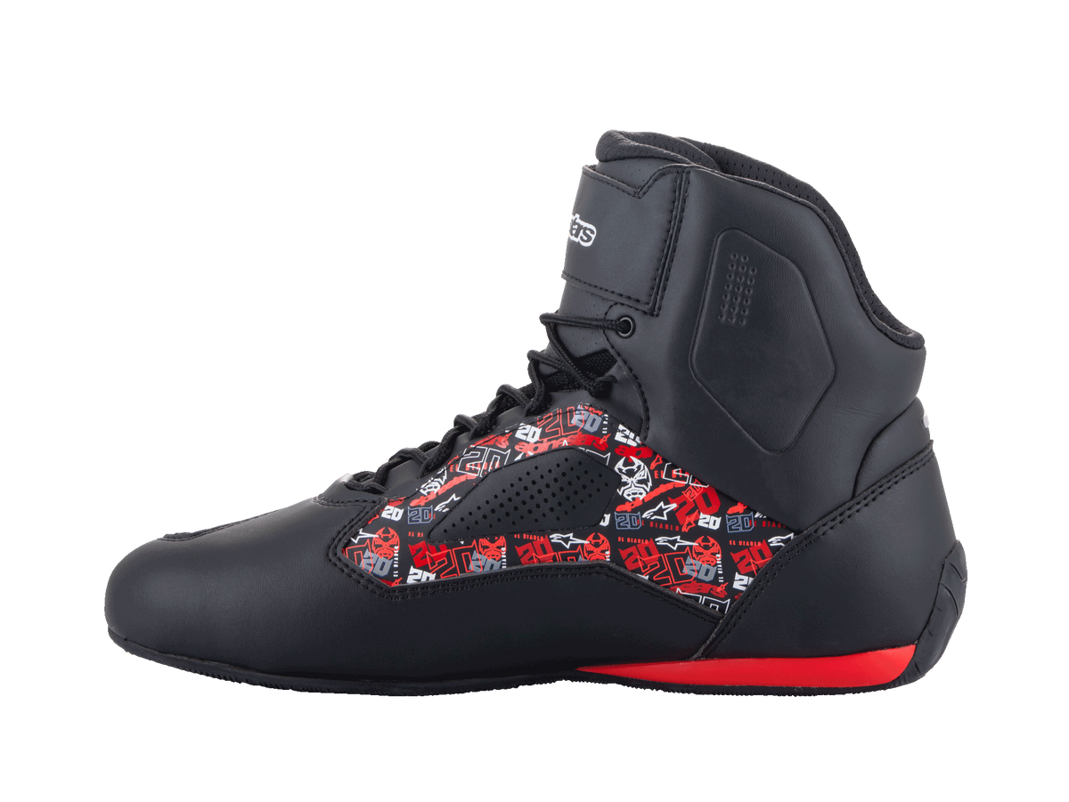Alpinestars FQ20 Faster-3 Rideknit® Shoes, motorcycle riding shoes, black with red and white Fabio Quartararo graphics, high-top design with laces and ankle strap, red heel detail, side profile view
