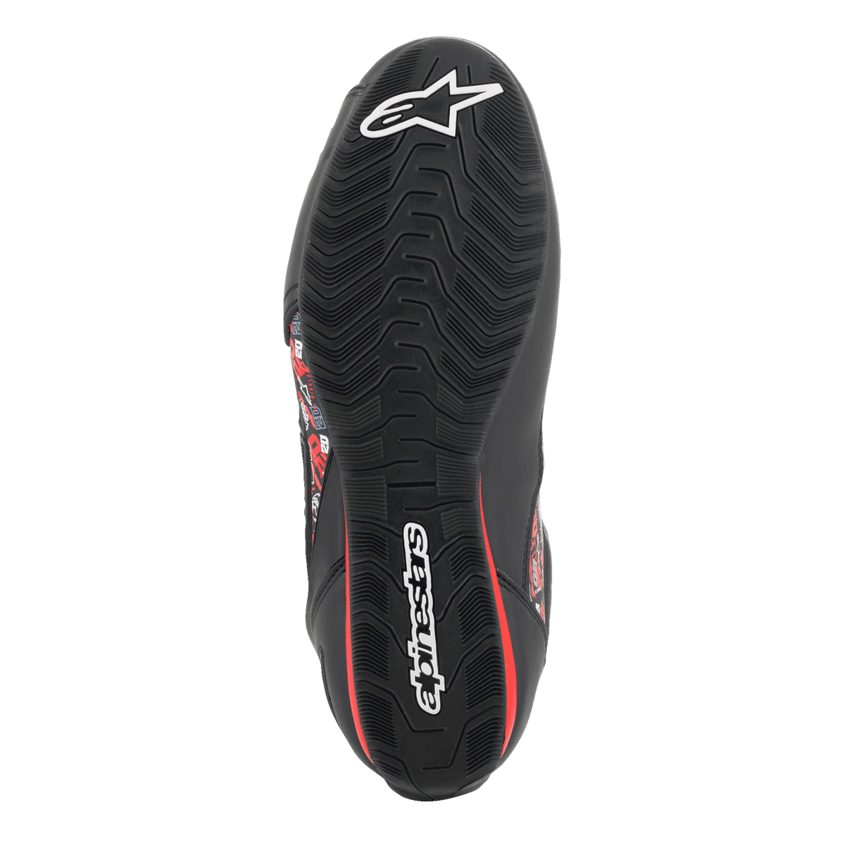 Alpinestars FQ20 Faster-3 Rideknit® Shoes, bottom view of the textured rubber sole, black with white Alpinestars logos and red accents, designed for grip and stability on motorcycle controls
