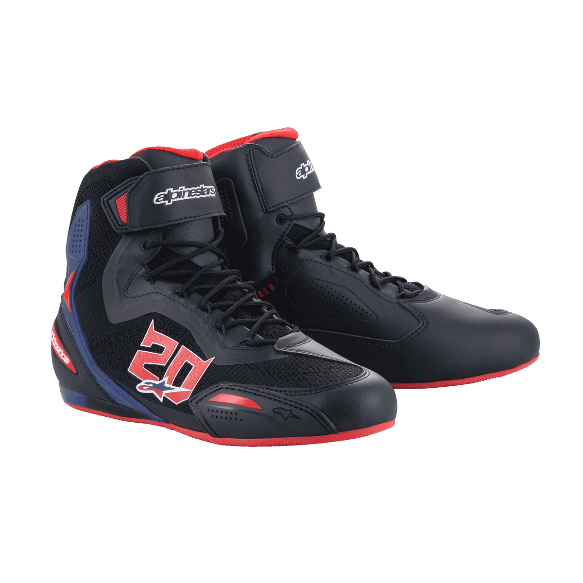 Alpinestars FQ20 Faster-3 Rideknit® Shoes, Motorcycle Riding Shoes, Black with Bright Red and Blue accents, featuring a bold '20' graphic on the side, breathable Rideknit mesh panels, lace-up closure with hook-and-loop strap, and a sporty racing-inspired design.