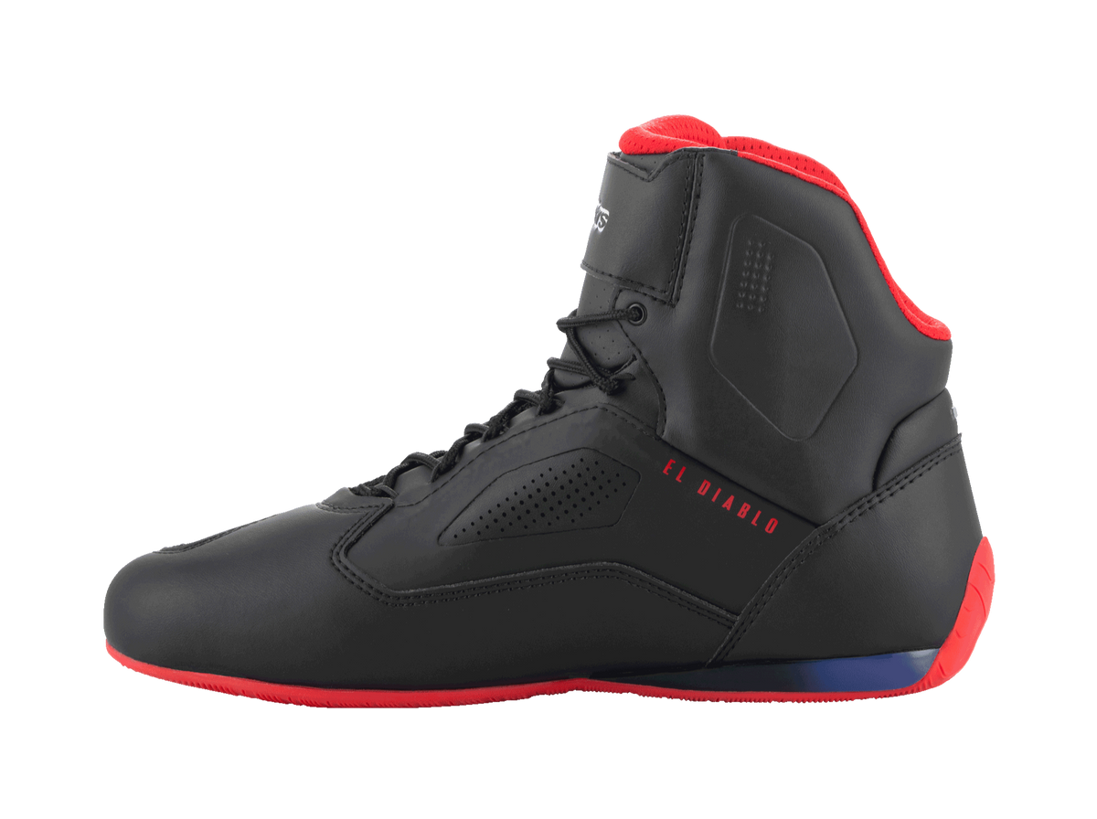 Alpinestars FQ20 Faster-3 Rideknit® Shoes, Motorcycle Riding Shoes, Black Bright Red and Blue, side profile view featuring 'EL DIABLO' text in red, red sole and collar lining, breathable mesh and microfiber construction with perforated side panels.