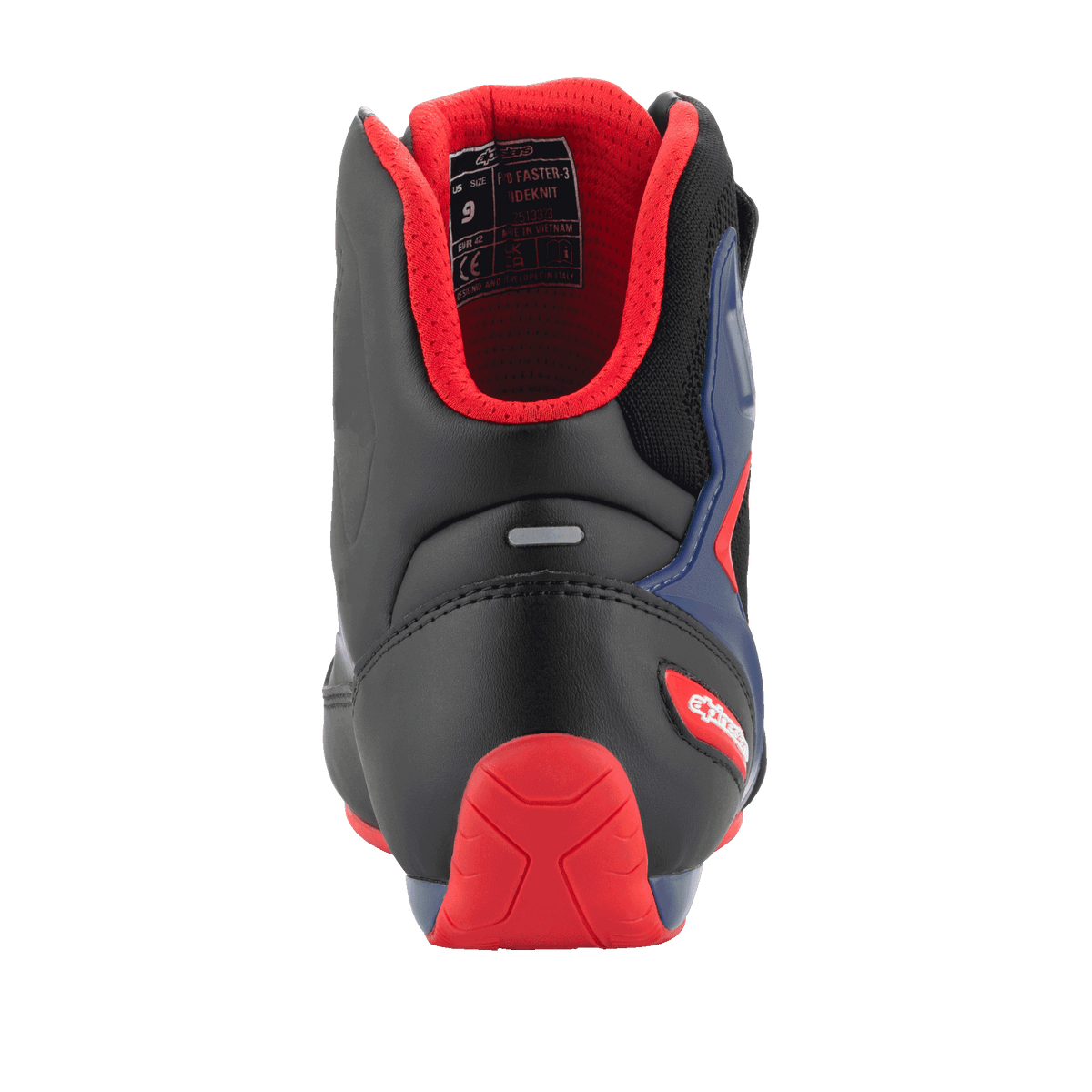 Alpinestars FQ20 Faster-3 Rideknit® Shoes, Motorcycle Riding Shoes, Black Bright Red and Blue, rear view showing red TPR heel counter, padded red mesh lining, and reflective strip, sporty design for road riding.