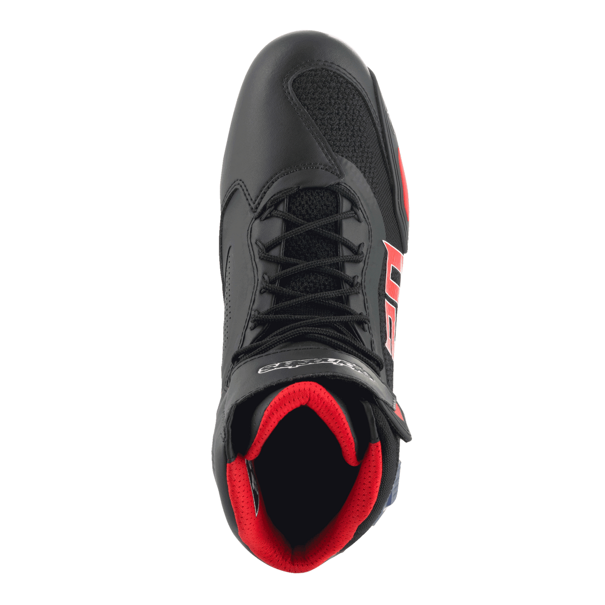 Alpinestars FQ20 Faster-3 Rideknit® Shoes, motorcycle riding shoes, Black with Bright Red and Blue accents, top-down view featuring breathable Rideknit® mesh, lace-up design, and padded red interior