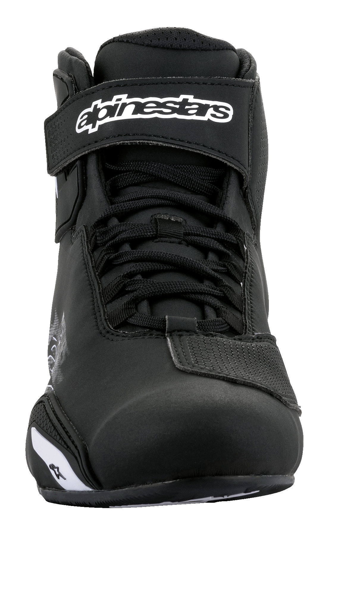 Alpinestars Sektor Shoes, Motorcycle Riding Shoes, Black and White, front view featuring speed lacing system and hook-and-loop ankle strap with white logo, sleek microfiber construction for road riding