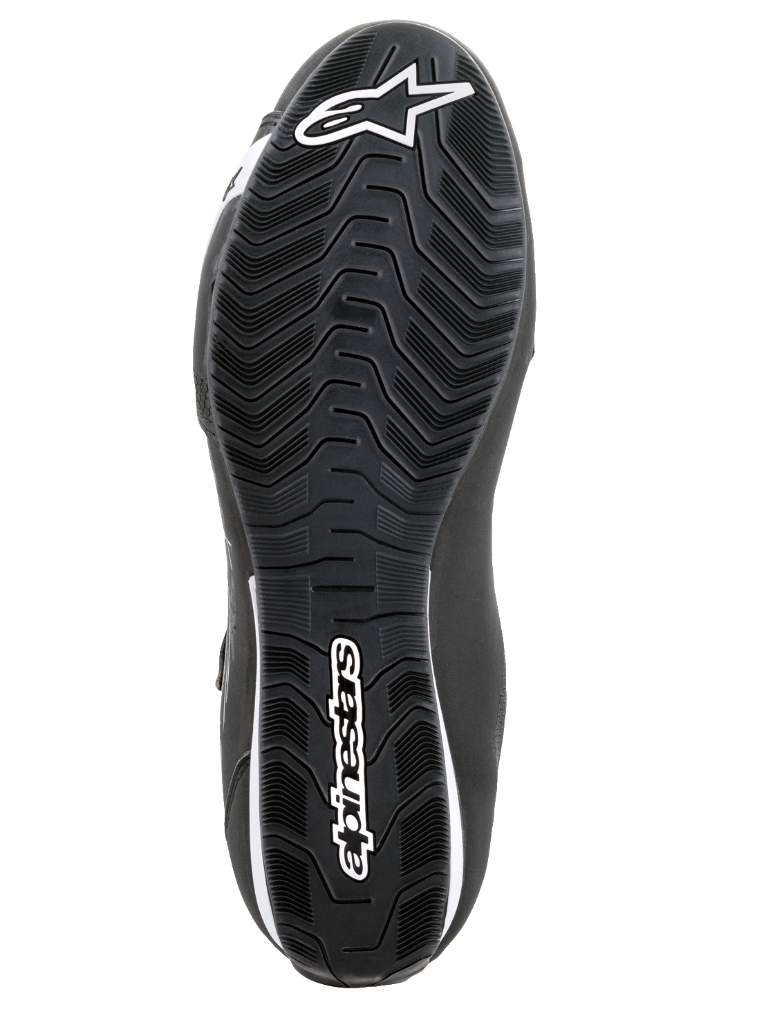 Alpinestars Sektor Shoes, Motorcycle Riding Shoes, Black and White, bottom view of the textured rubber sole with wavy tread pattern, featuring white Alpinestars logo and star symbol.