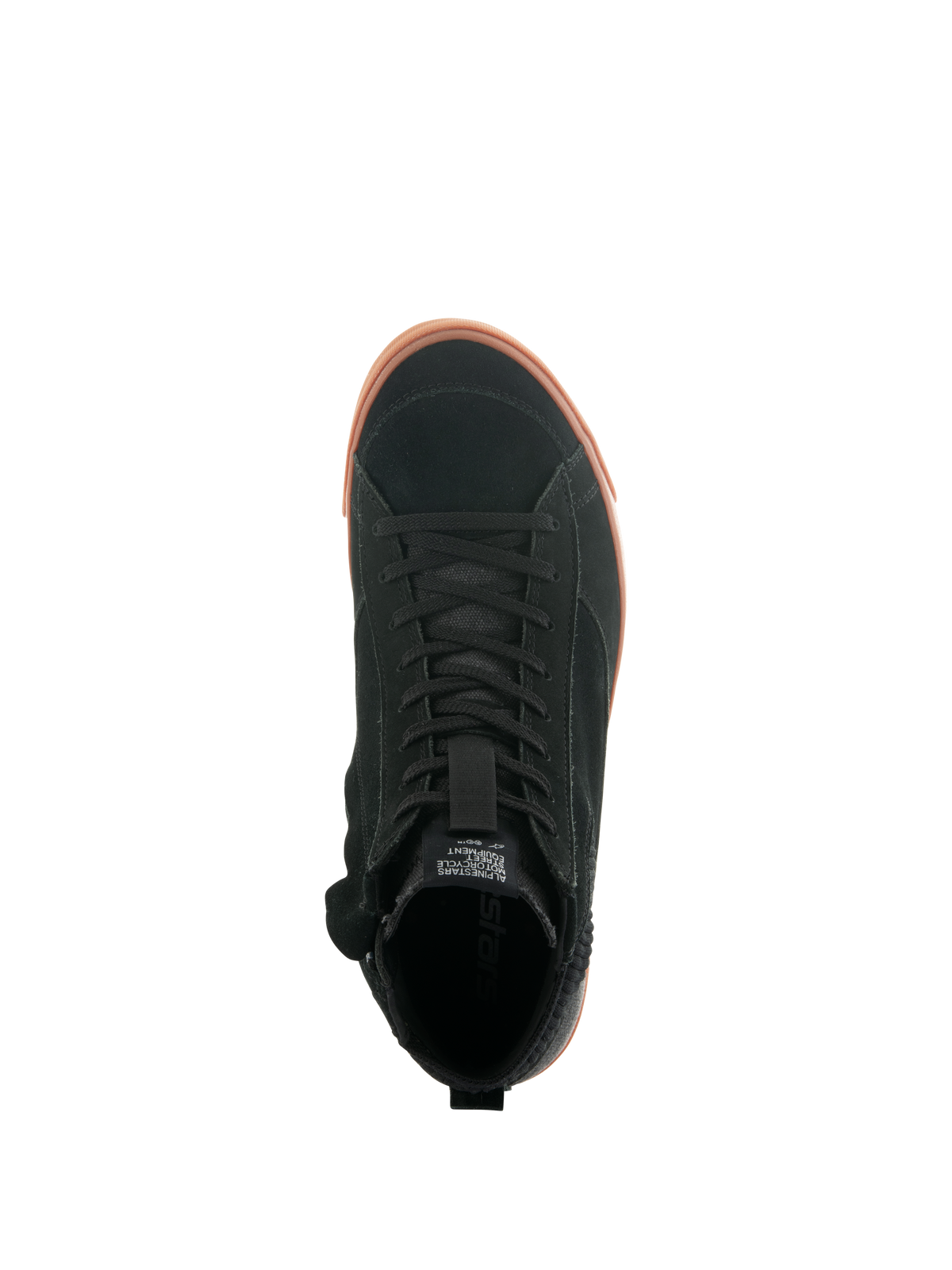 Alpinestars Stated Shoes, Top-down view of urban motorcycle riding shoe, Black suede upper with gum-colored vulcanized sole, minimalistic skate-inspired design, classic laces and street sneaker styling.