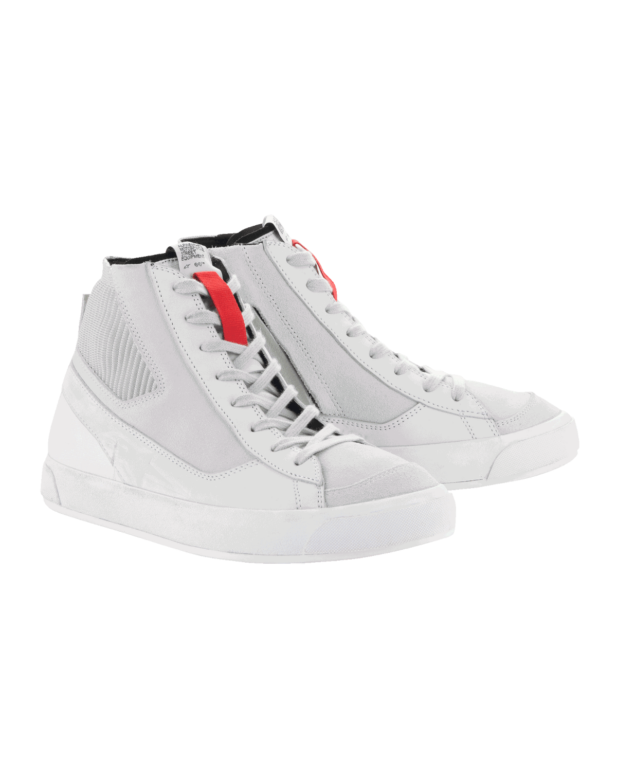 Alpinestars Stated Shoes, White and Gray urban motorcycle sneakers with red accents and a retro high-top style.