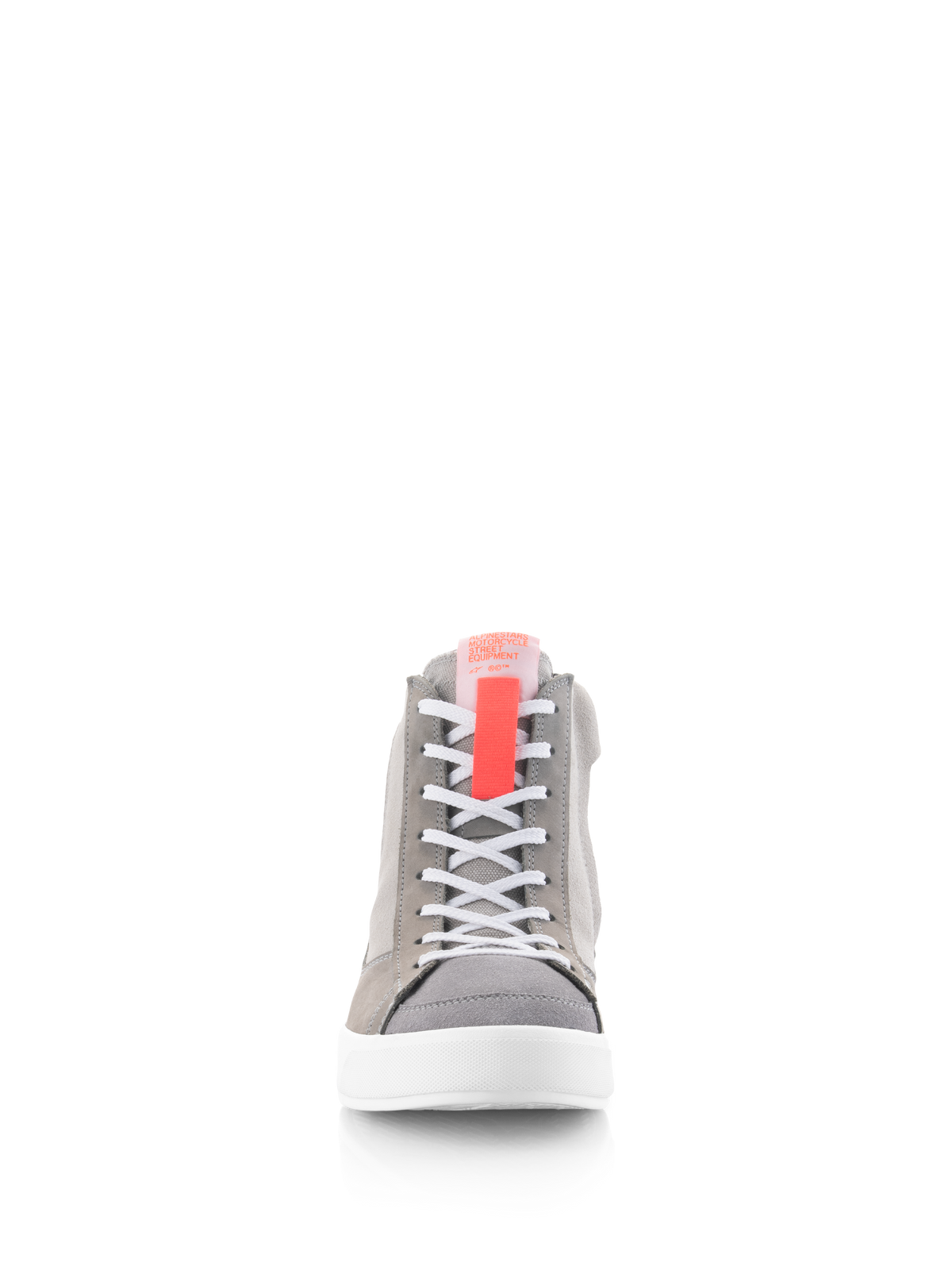 Alpinestars Stated Shoes, Motorcycle Riding Shoes, Light Gray Red Fluo and White, front view showing white laces, a red fluo tongue tab, and a white vulcanized sole, retro street sneaker style