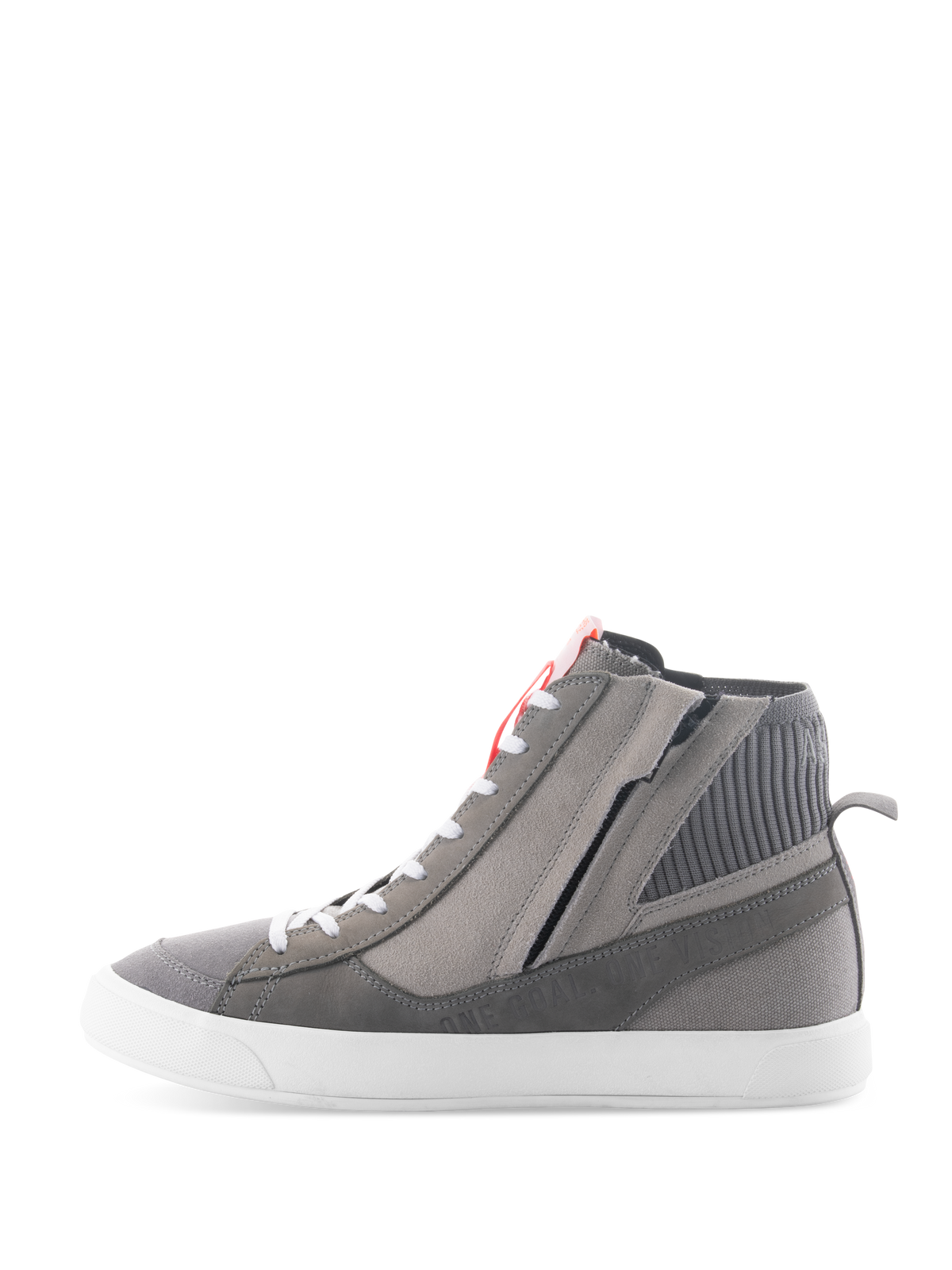 Alpinestars Stated Shoes, urban motorcycle riding shoes in Light Gray Red Fluo White, high-top retro sneaker design with gray suede and canvas upper, lateral zipper, and white vulcanized sole