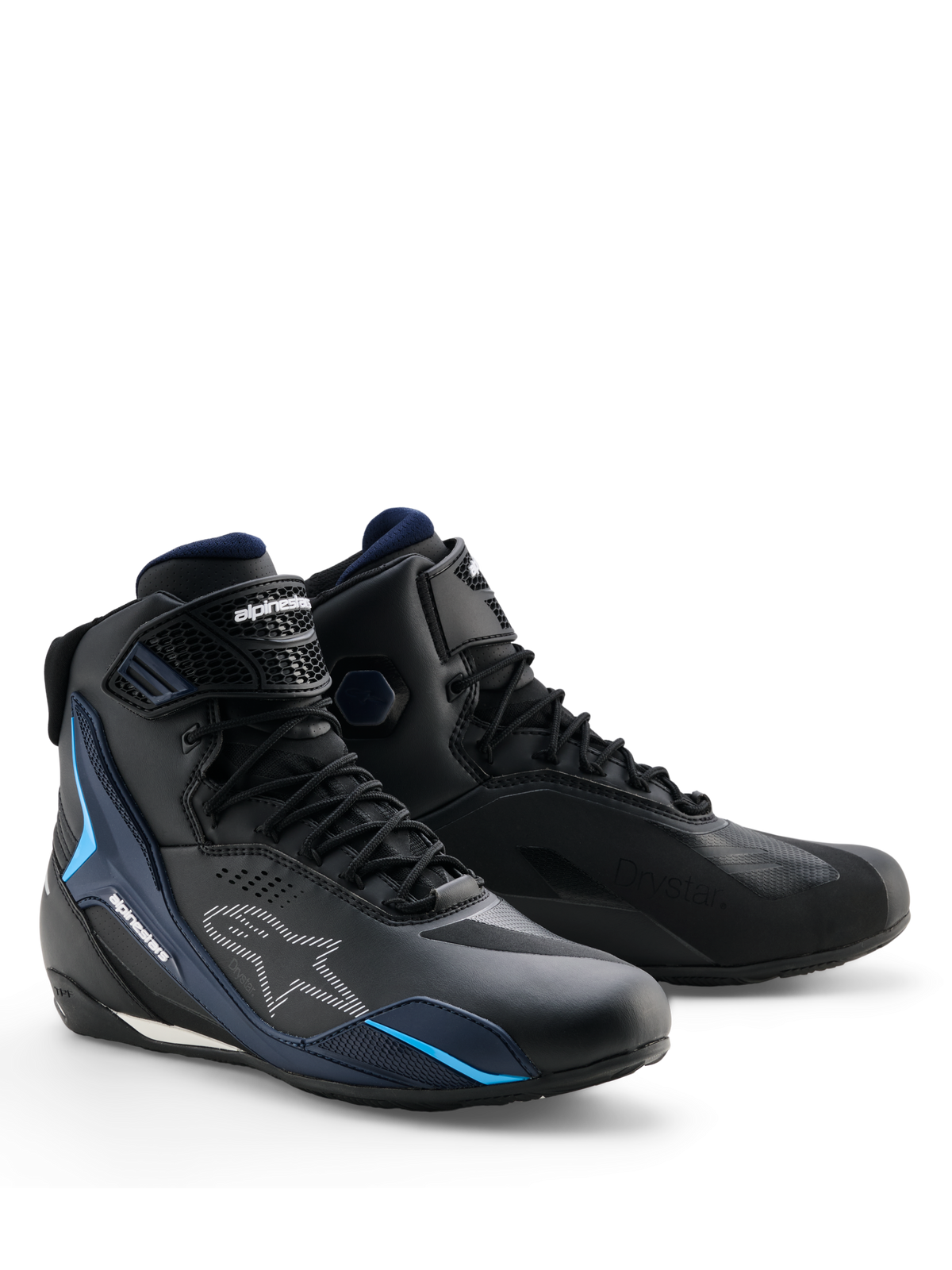 Alpinestars Faster-4 Drystar® Shoes, Waterproof Motorcycle Riding Shoes, Black Night Navy Cyan, featuring white Alpinestars logos and cyan blue accents, sports-oriented design with lace-up and hook-and-loop closure