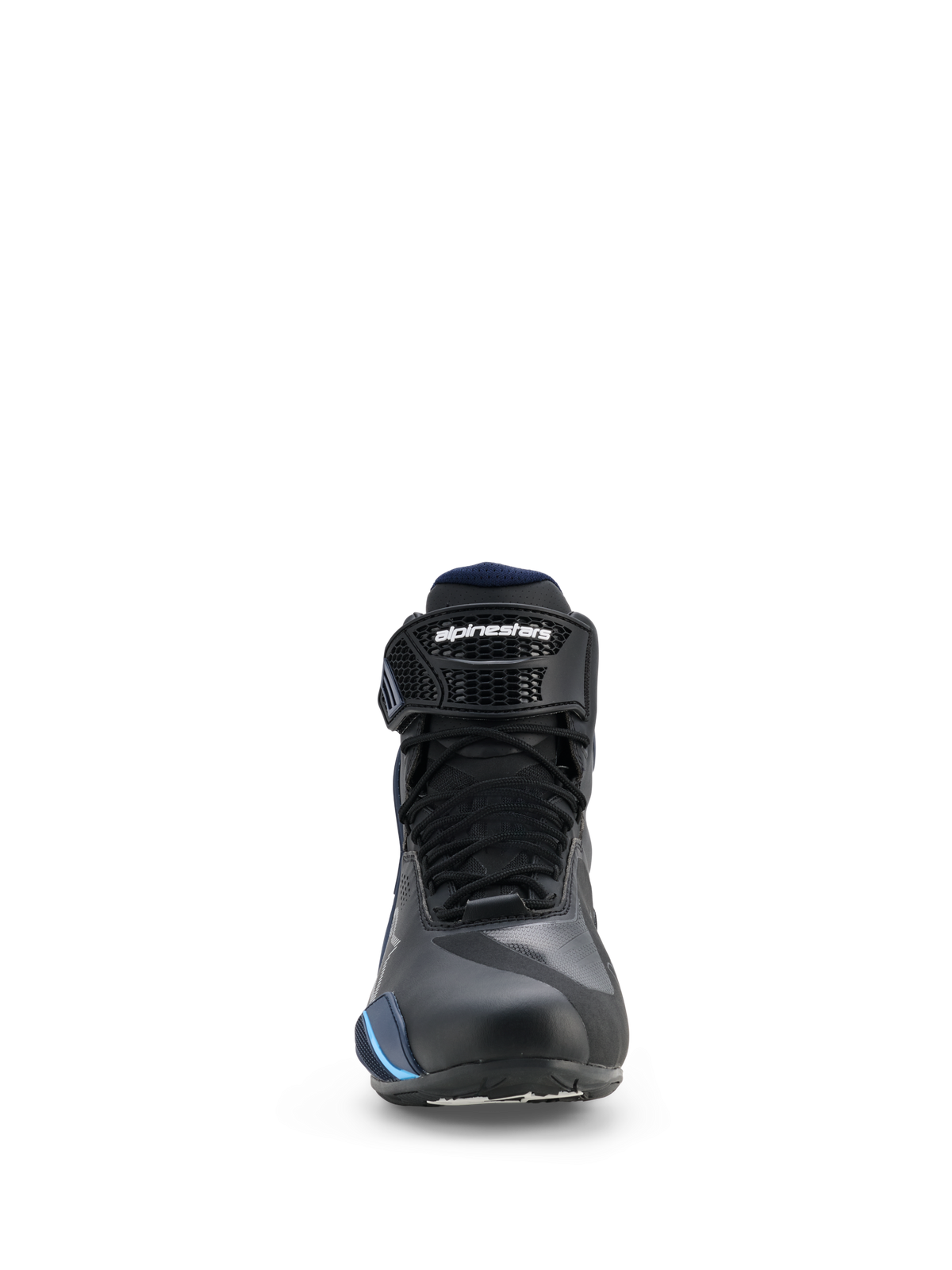 Alpinestars Faster-4 Drystar® Shoes, waterproof motorcycle riding shoes, Black Night Navy Cyan, front view showing laces and adjustable ankle strap with Alpinestars branding, streamlined sports riding design