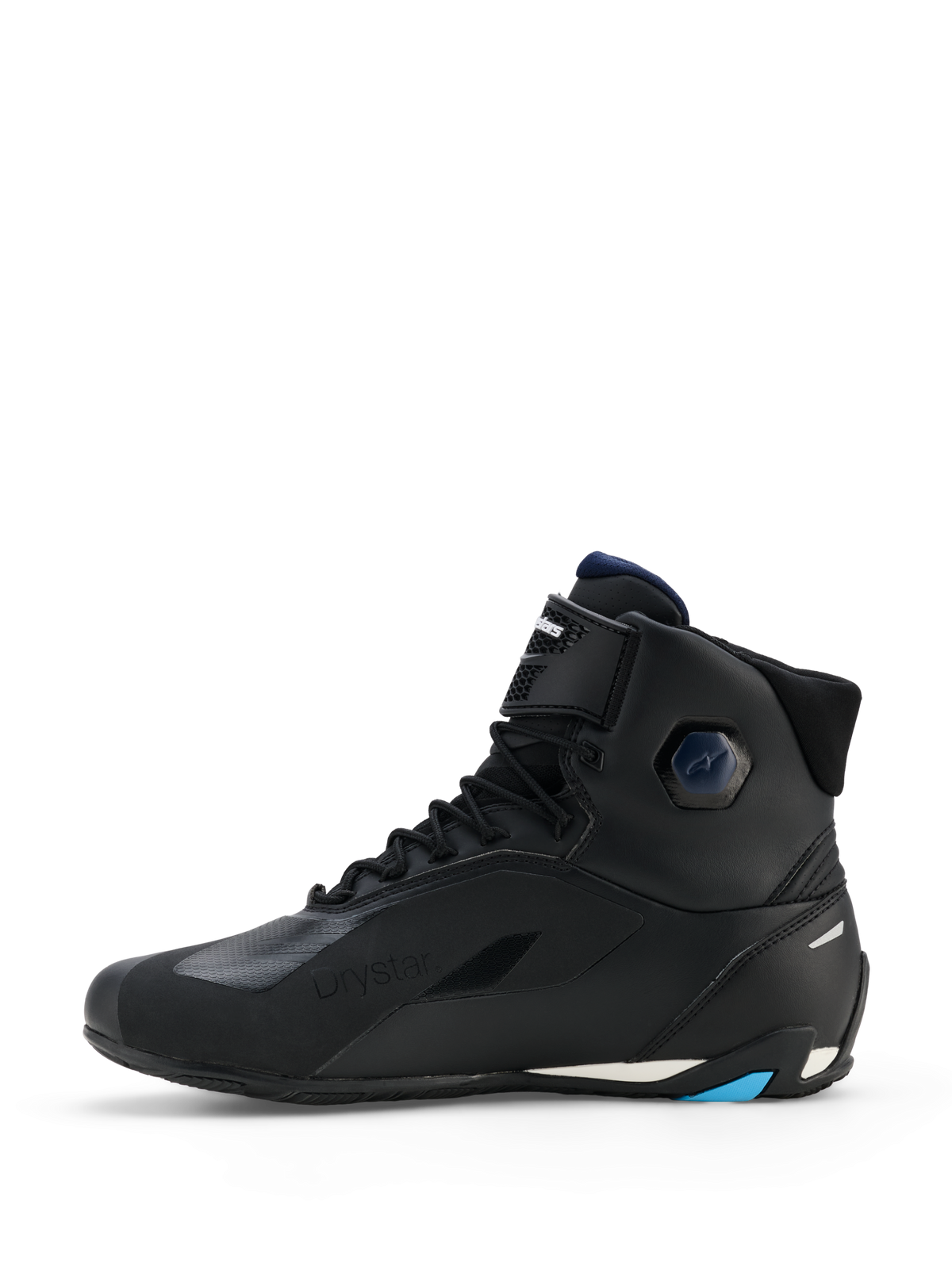 Alpinestars Faster-4 Drystar® Shoes, Black with Night Navy and Cyan accents, side profile view, high-top motorcycle riding shoes, featuring lace-up closure, hook-and-loop ankle strap, and protective reinforced sole