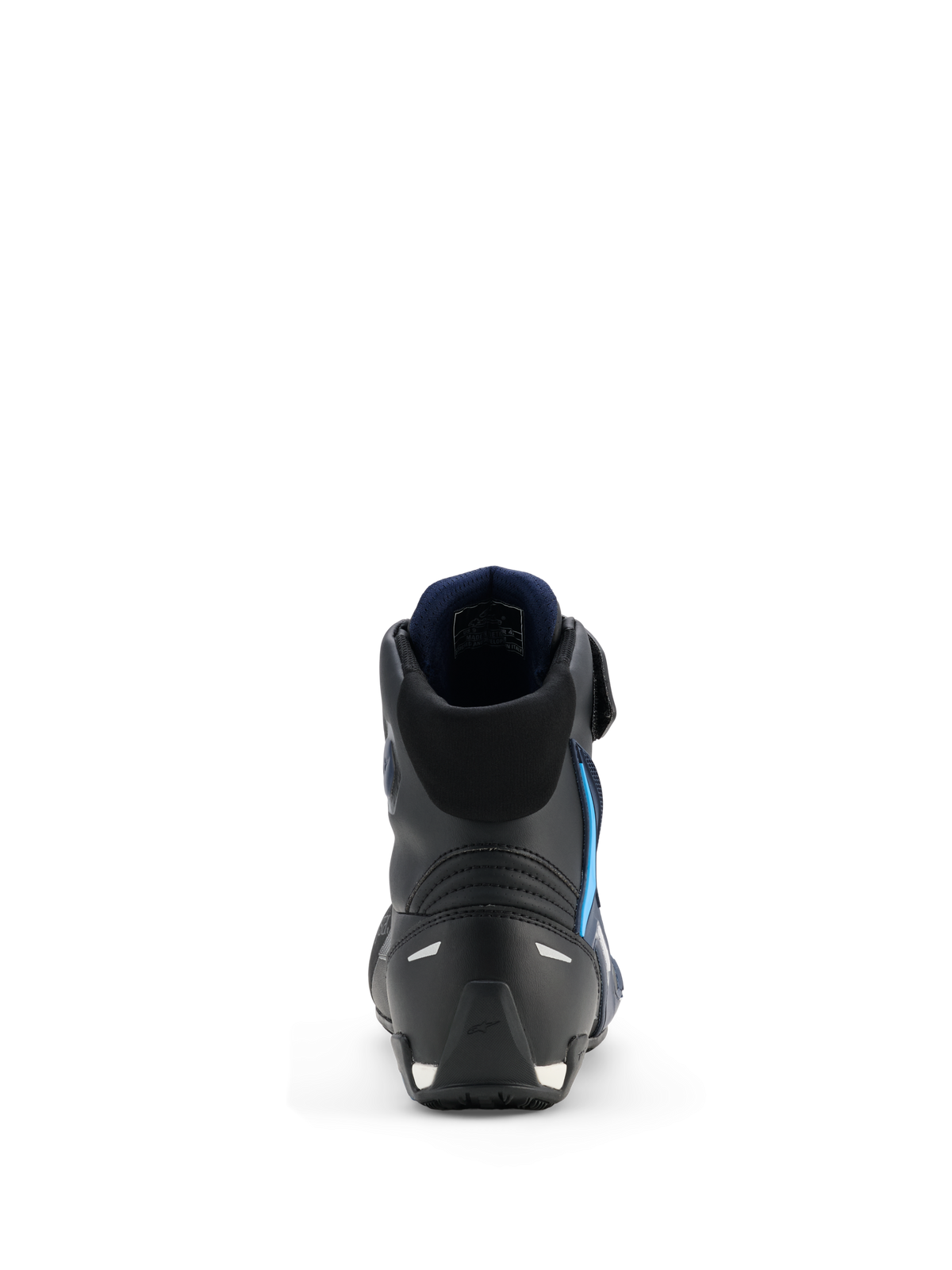 Alpinestars Faster-4 Drystar® Shoes, Motorcycle Riding Shoes, Black Night Navy Cyan, rear view highlighting reinforced heel and ankle structure, navy blue interior lining, reflective details, sleek athletic design for road performance