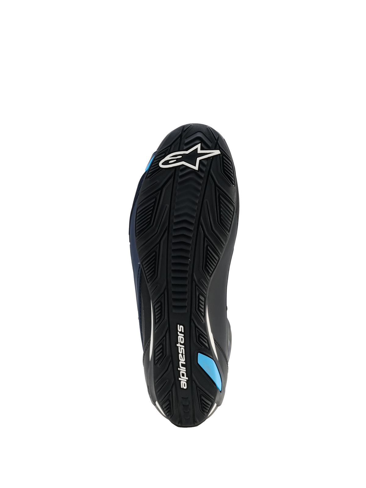 Alpinestars Faster-4 Drystar® Shoes, Sole View, Black Night Navy Cyan, featuring a reinforced rubber outsole with textured grip, white Alpinestars logo, and cyan blue accents, designed for motorcycle riding stability