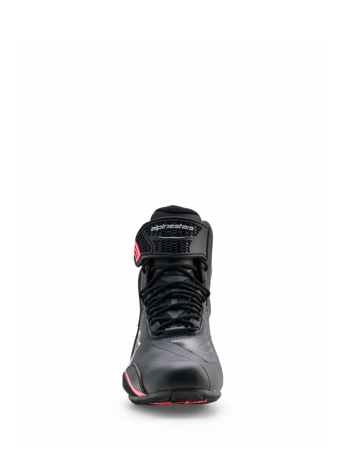 Alpinestars Stella Faster-4 Drystar® Shoes, Women's Motorcycle Riding Shoes, Black Gray and Coral Fluo, front view featuring lace-up closure, protective ankle strap with branding, and coral accents