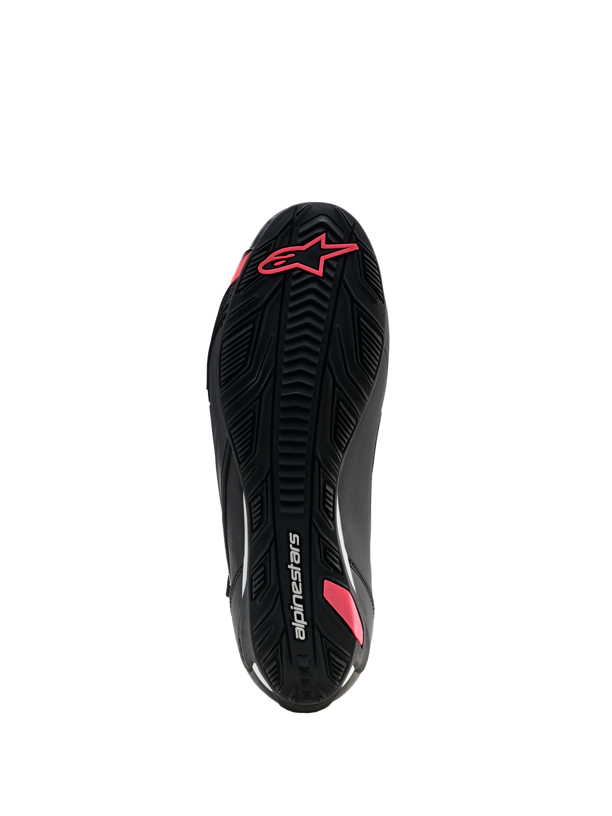 Alpinestars Stella Faster-4 Drystar® Shoes, Women's Motorcycle Riding Shoes, Black and Coral Fluo, bottom view of the textured rubber sole featuring a grip pattern, Astars logo, and Alpinestars branding.