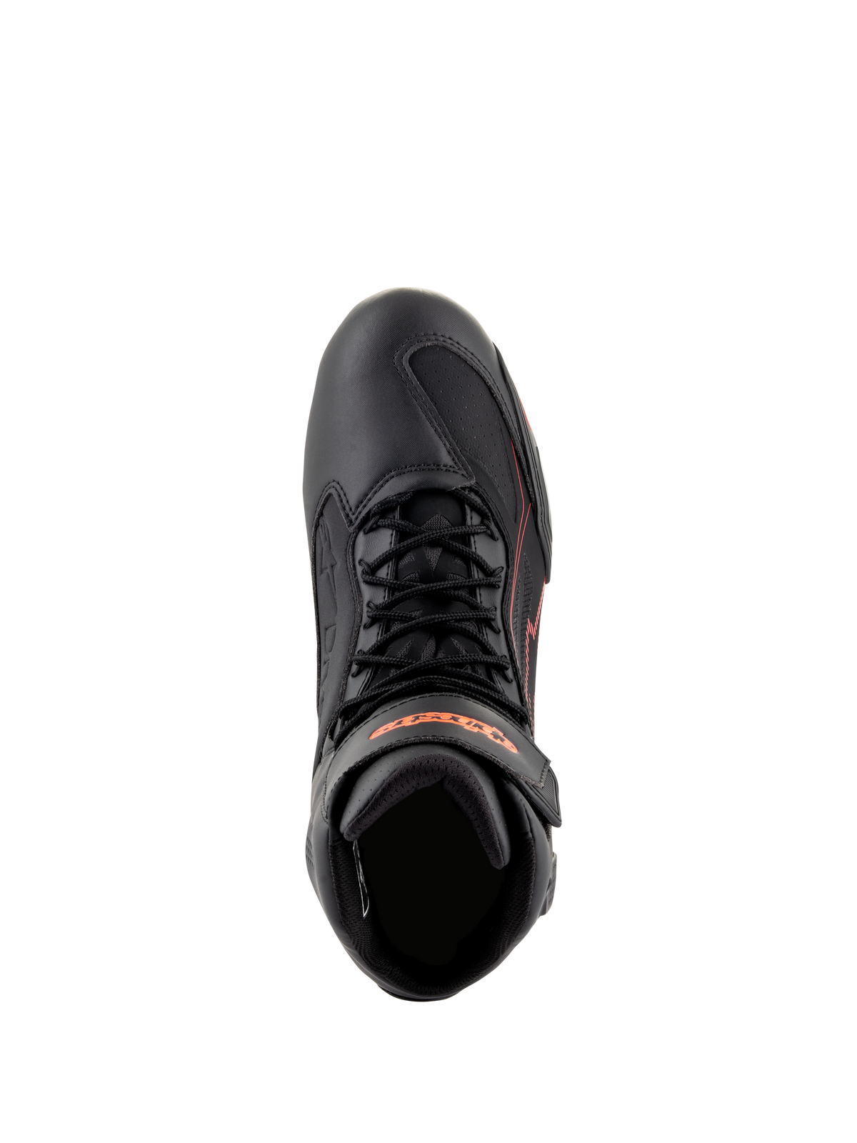 Alpinestars Faster-3 Drystar® Shoes, Motorcycle Riding Shoes, Black with Red Fluo accents, top-down view showing laces and ankle strap, technical microfiber construction