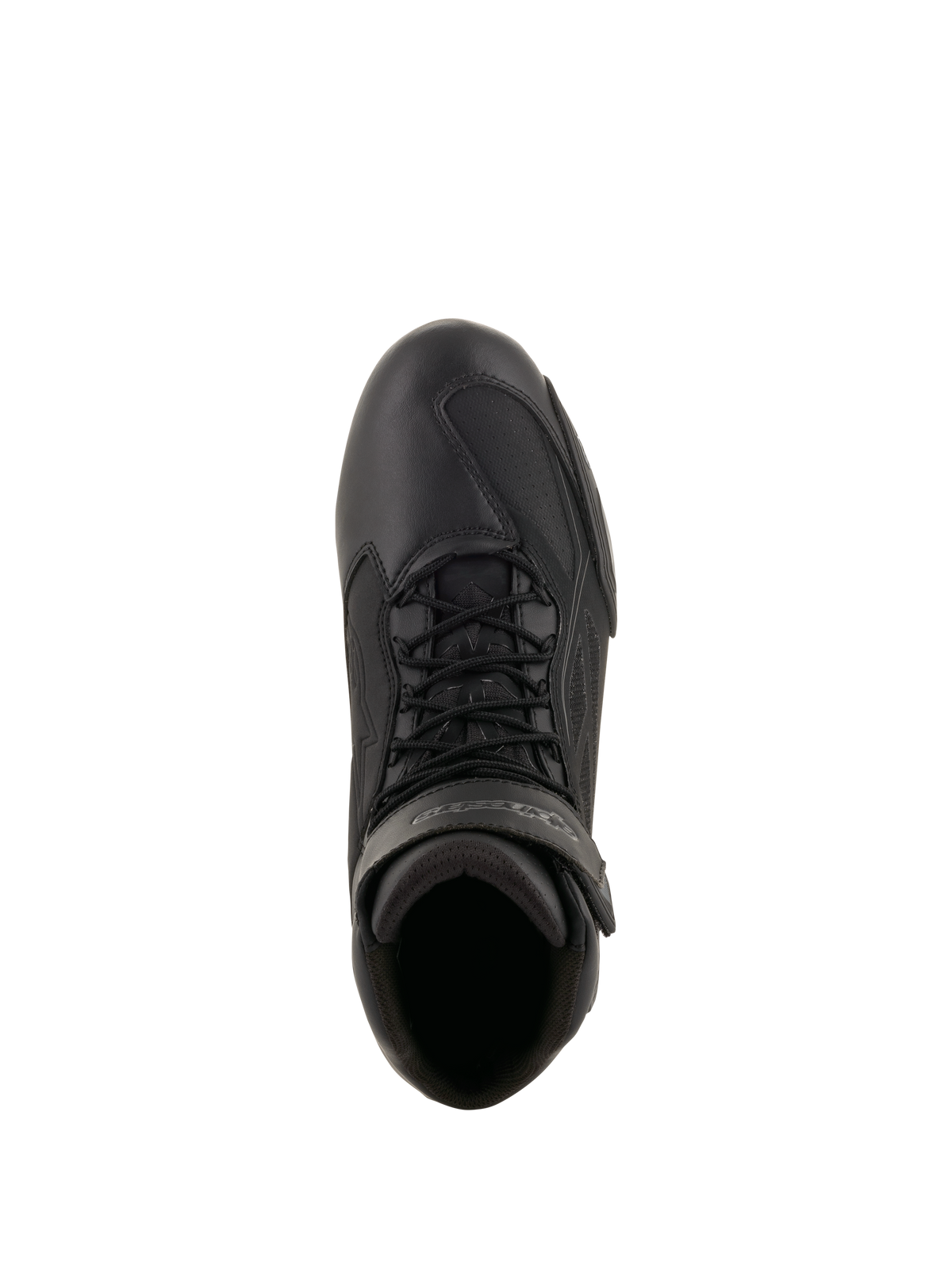 Alpinestars Faster-3 Drystar® Riding Shoes, Motorcycle Riding Shoes, Black and Cool Gray, top-down view showing microfiber chassis, black laces, and hook and loop ankle strap, technical sport-inspired design for all-weather road riding