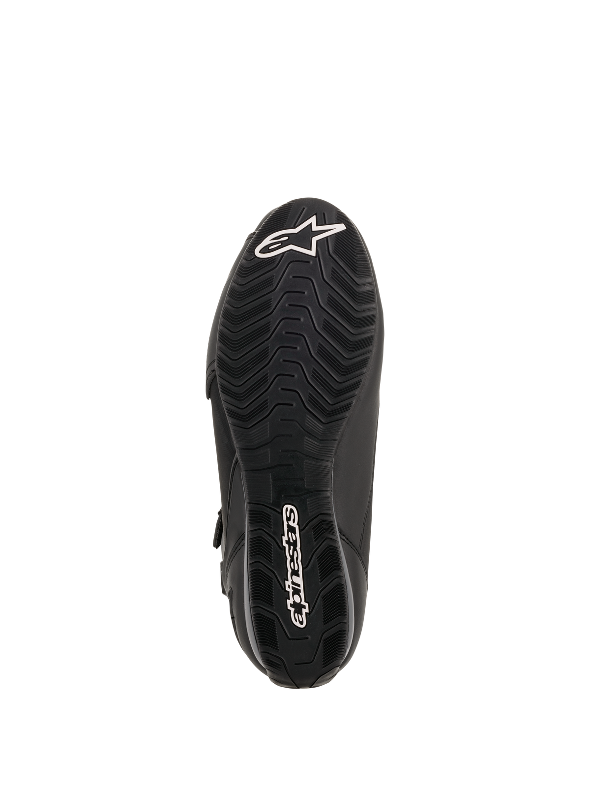 Alpinestars Faster-3 Drystar® Riding Shoes, sole view, black rubber with wavy textured tread pattern, white Alpinestars star logo on the toe and wordmark on the heel, technical motorcycle footwear.