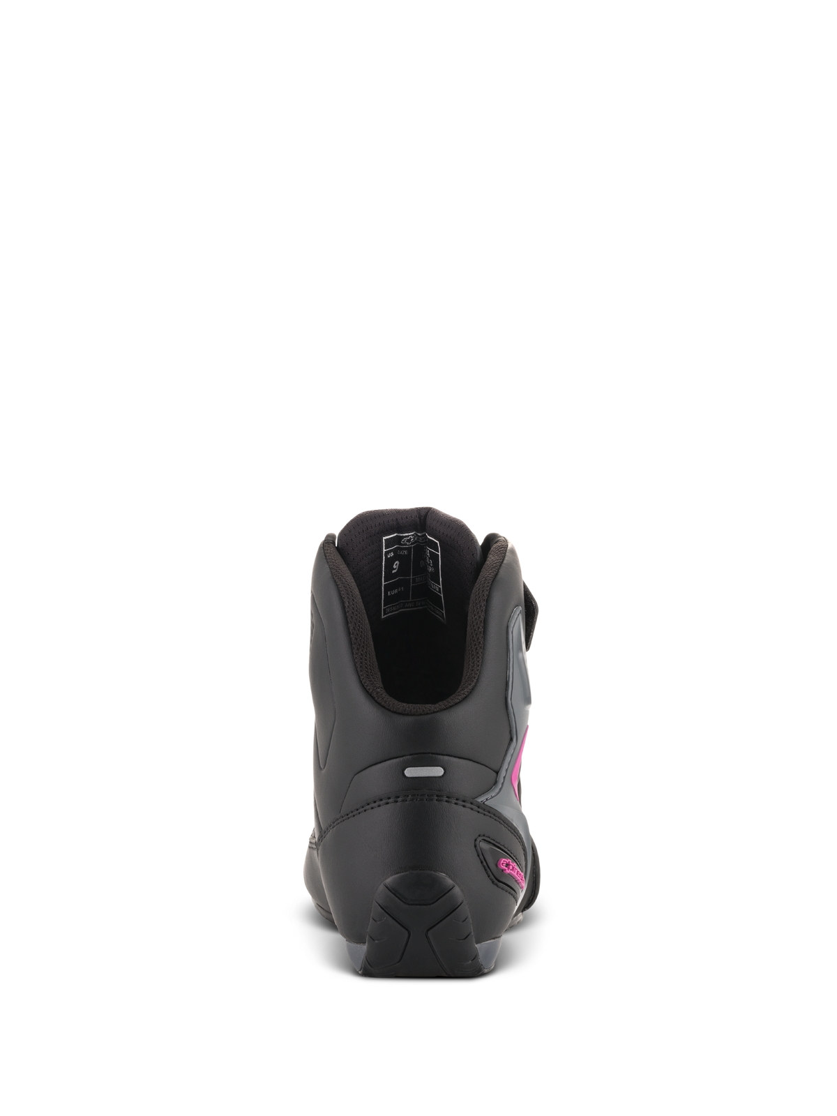 Alpinestars Women Stella Faster-3 Drystar® Shoes, Black Dark Gray Fuchsia, back view of heel showing reflective strip and fuchsia logo, waterproof riding shoes with textured sole and padded collar