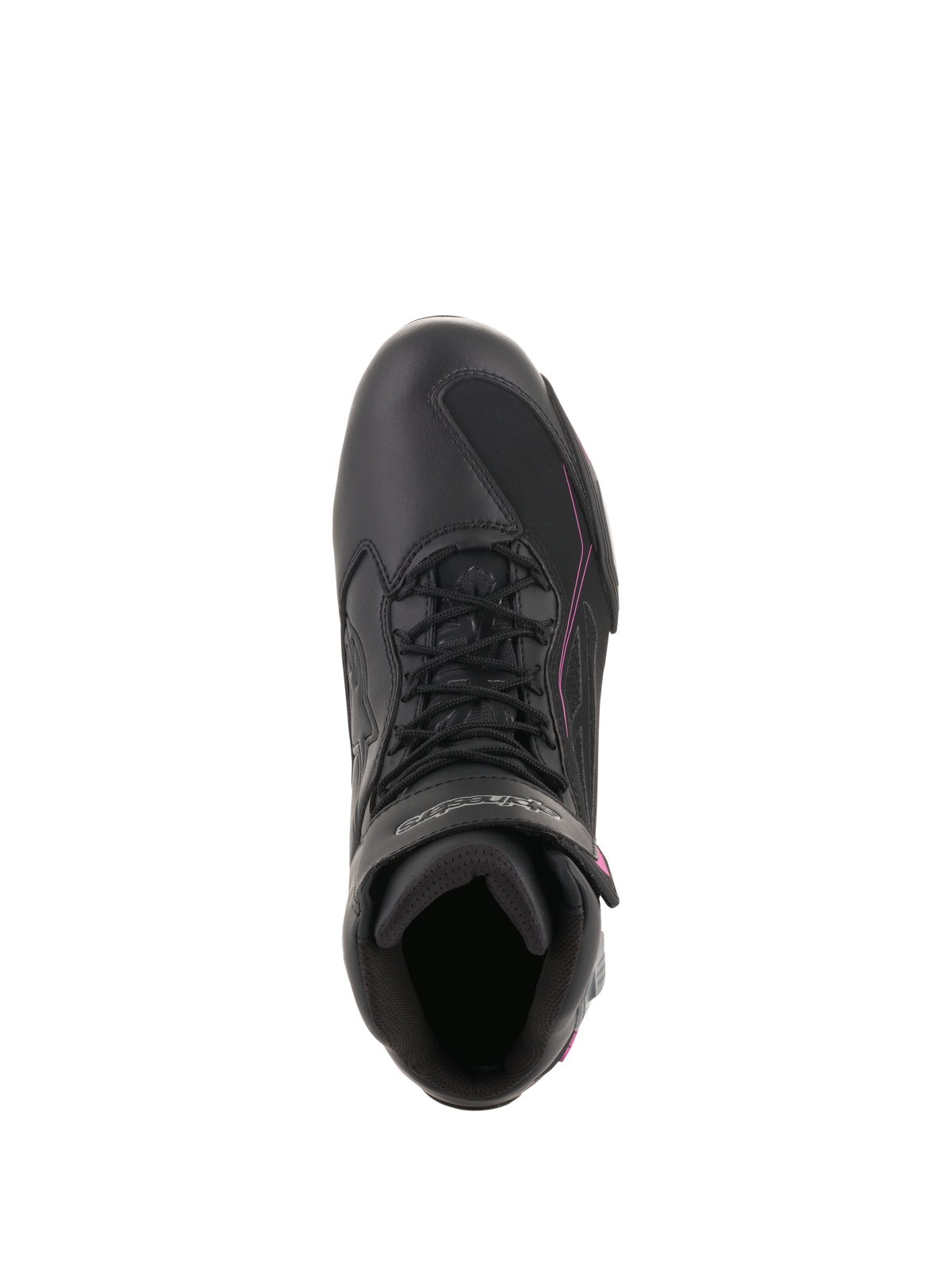 Alpinestars Women Stella Faster-3 Drystar® Shoes, Waterproof Motorcycle Riding Shoes, Black Dark Gray Fuchsia, top-down view showing lace-up closure and hook-and-loop strap, streamlined protective footwear for urban riding.