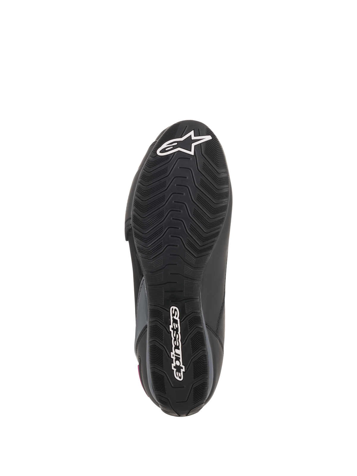 Alpinestars Women Stella Faster-3 Drystar® Shoes, Sole view, Black rubber outsole with textured grip pattern, white Alpinestars star logo and wordmark branding, durable motorcycle footwear construction