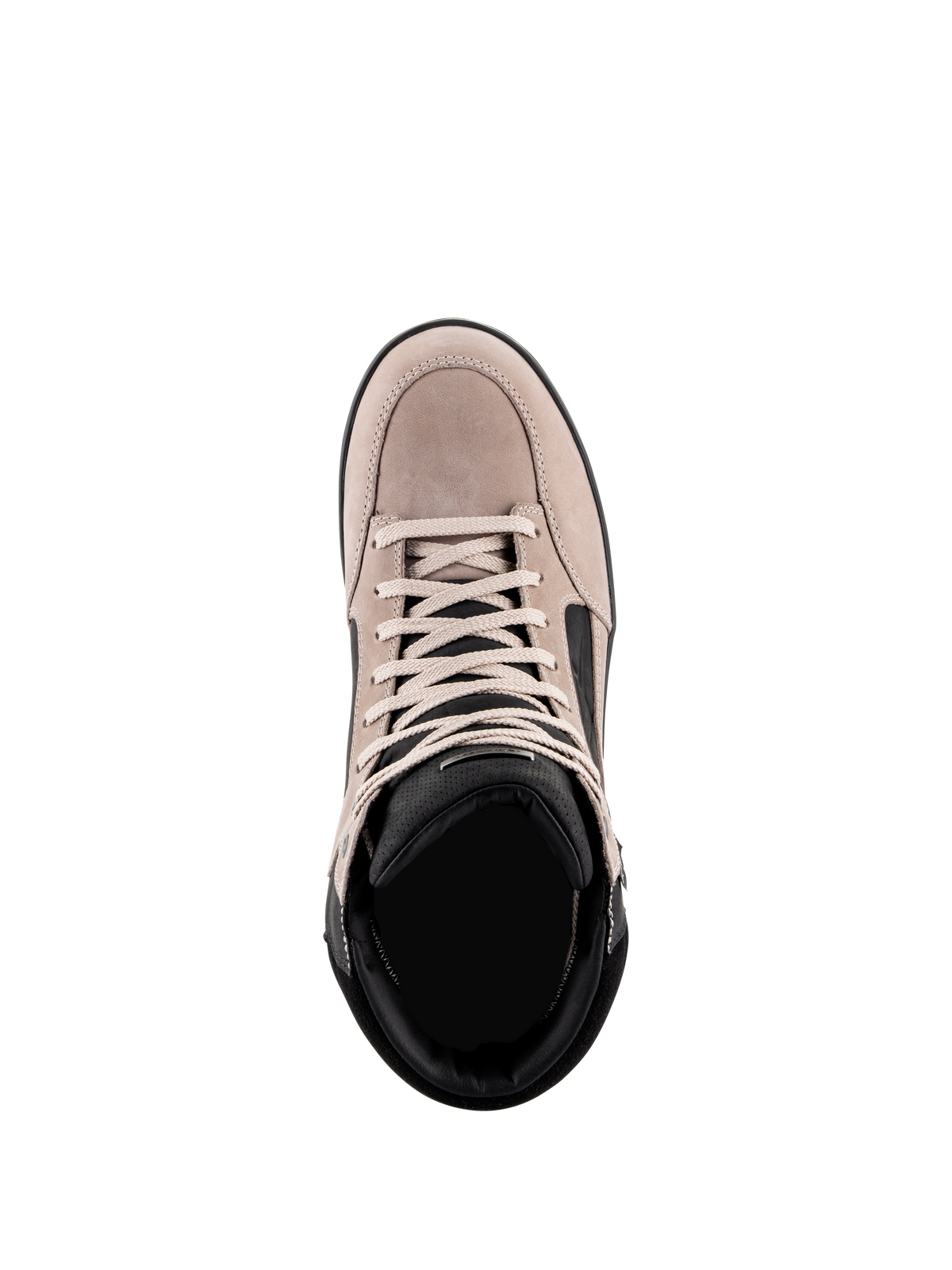 Alpinestars J-6 Waterproof Shoe, Urban Motorcycle Riding Shoe, Black Flint White, top-down view showing suede leather upper, white laces, and black padded collar, casual sneaker-inspired design for motorcycle commuting