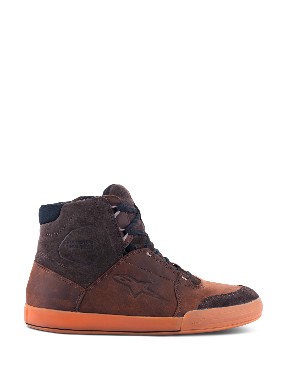 Alpinestars Chrome Crafted Drystar® Shoes, Brown Gum high-top urban riding sneakers, side view showing waterproof leather construction, dark brown suede accents, and a distinctive orange gum sole.