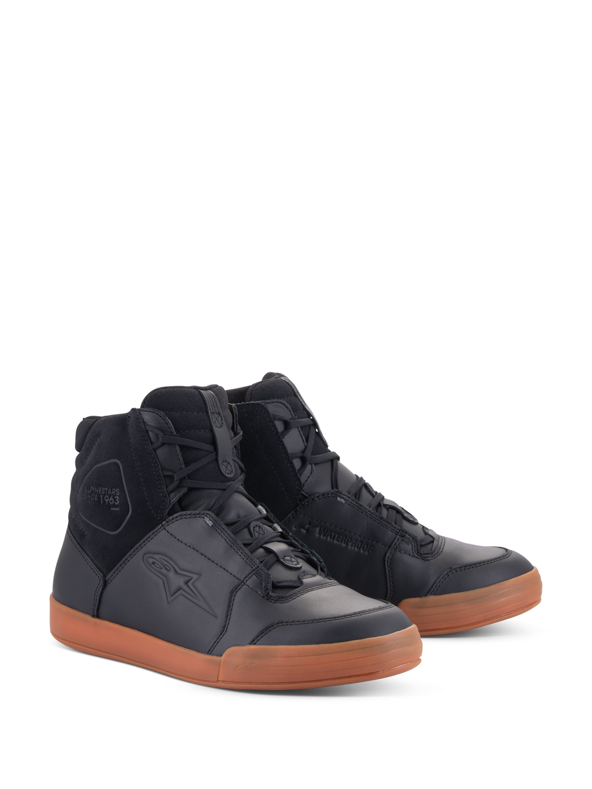 Alpinestars Chrome Drystar® Shoes, Urban Waterproof Motorcycle Shoes, Black leather and suede upper with Gum tan sole, high-top sneaker design, casual riding gear with protective features