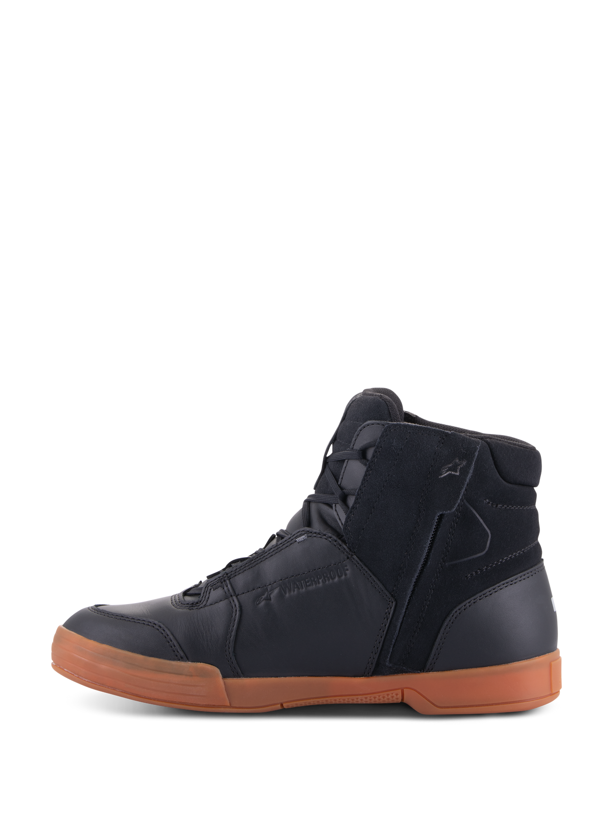 Alpinestars Chrome Drystar® Shoes, Black Black Gum, urban motorcycle footwear featuring a black leather and suede upper, high-top sneaker profile, gum-colored rubber sole, and side zipper entry.