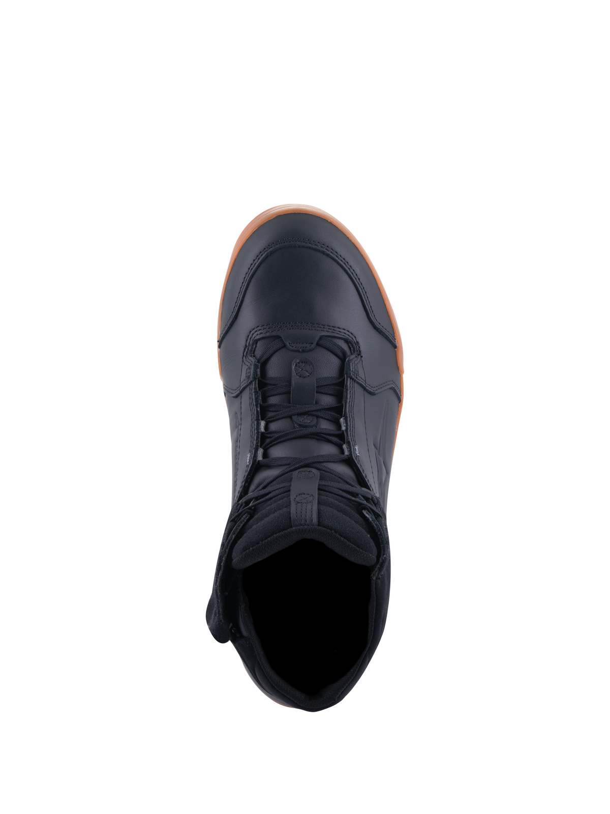 Alpinestars Chrome Drystar® Shoes, Motorcycle Riding Shoes, Black and Gum, top-down view showing lacing and padded collar, casual urban design with leather upper and gum rubber sole