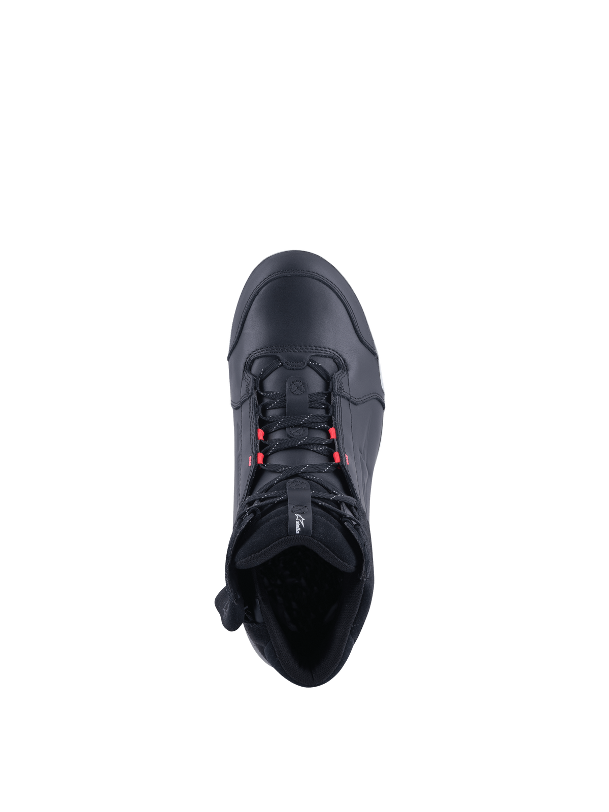 Alpinestars Stella Chrome Drystar Women's Riding Shoes, waterproof black leather motorcycle sneakers with pink accents, top view.