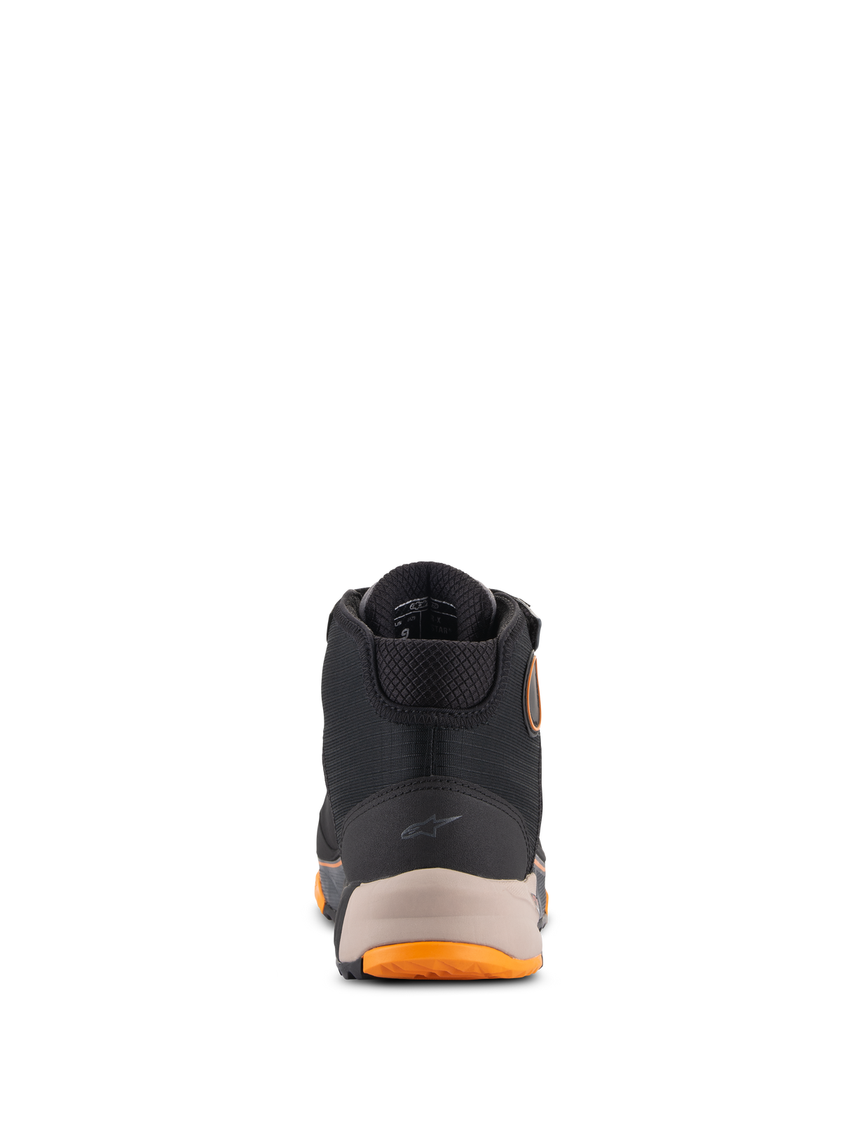 Alpinestars CR-X Drystar® Riding Shoes, Motorcycle Riding Shoes, Black Light Brown and Orange, rear view featuring the reinforced heel with a small Alpinestars logo, padded collar, and orange sole accents, waterproof riding footwear.